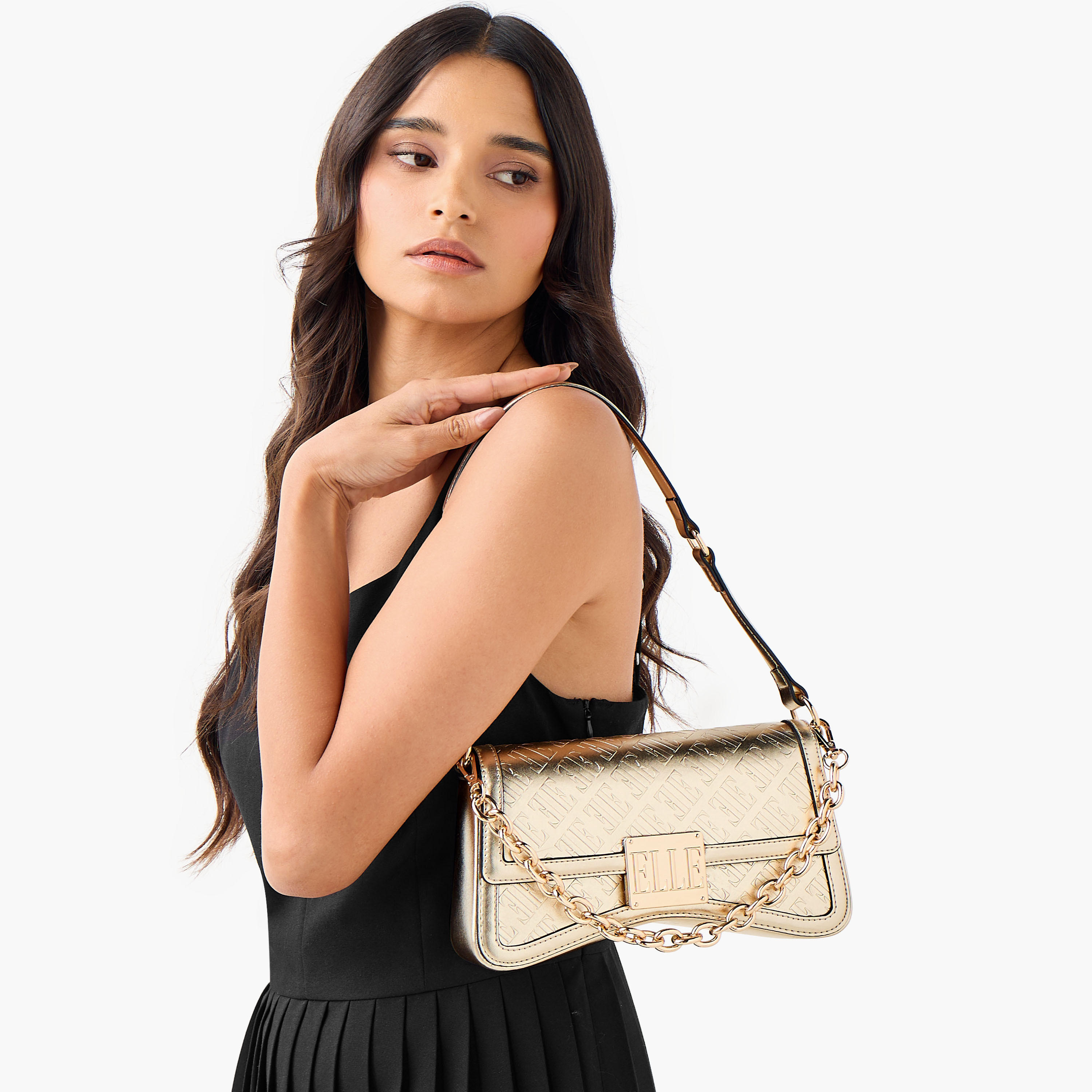 Elle Monogram Embossed Shoulder Bag with Button Closure-women-bagsandwallets-handbags-image-3