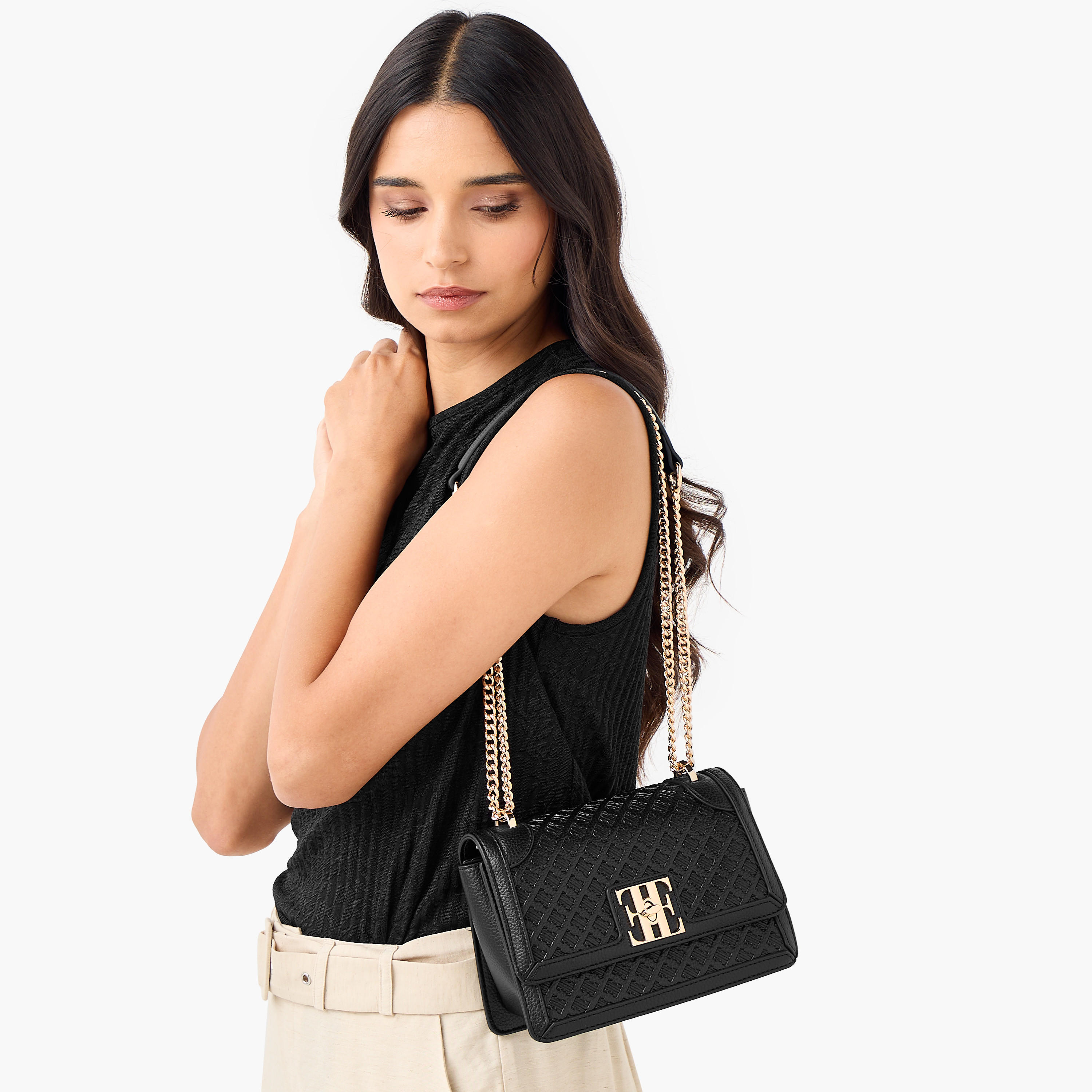 Elle Monogram Embossed Crossbody Bag with Chain Strap and Flap Closure-women-bagsandwallets-handbags-image-2