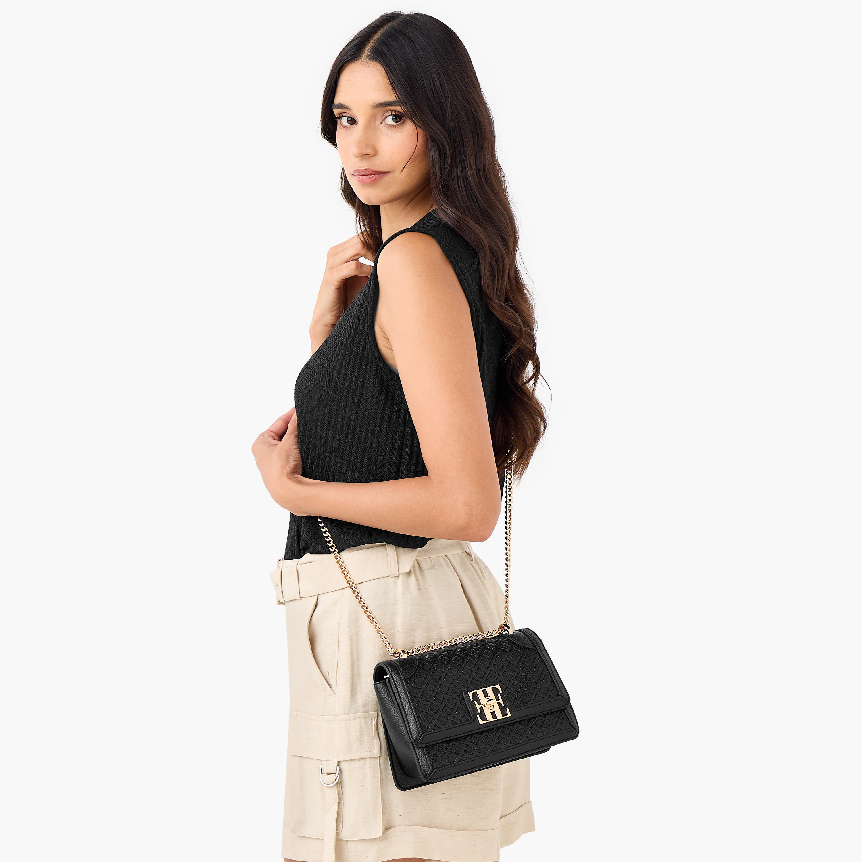 Elle Monogram Embossed Crossbody Bag with Chain Strap and Flap Closure-women-bagsandwallets-handbags-image-8