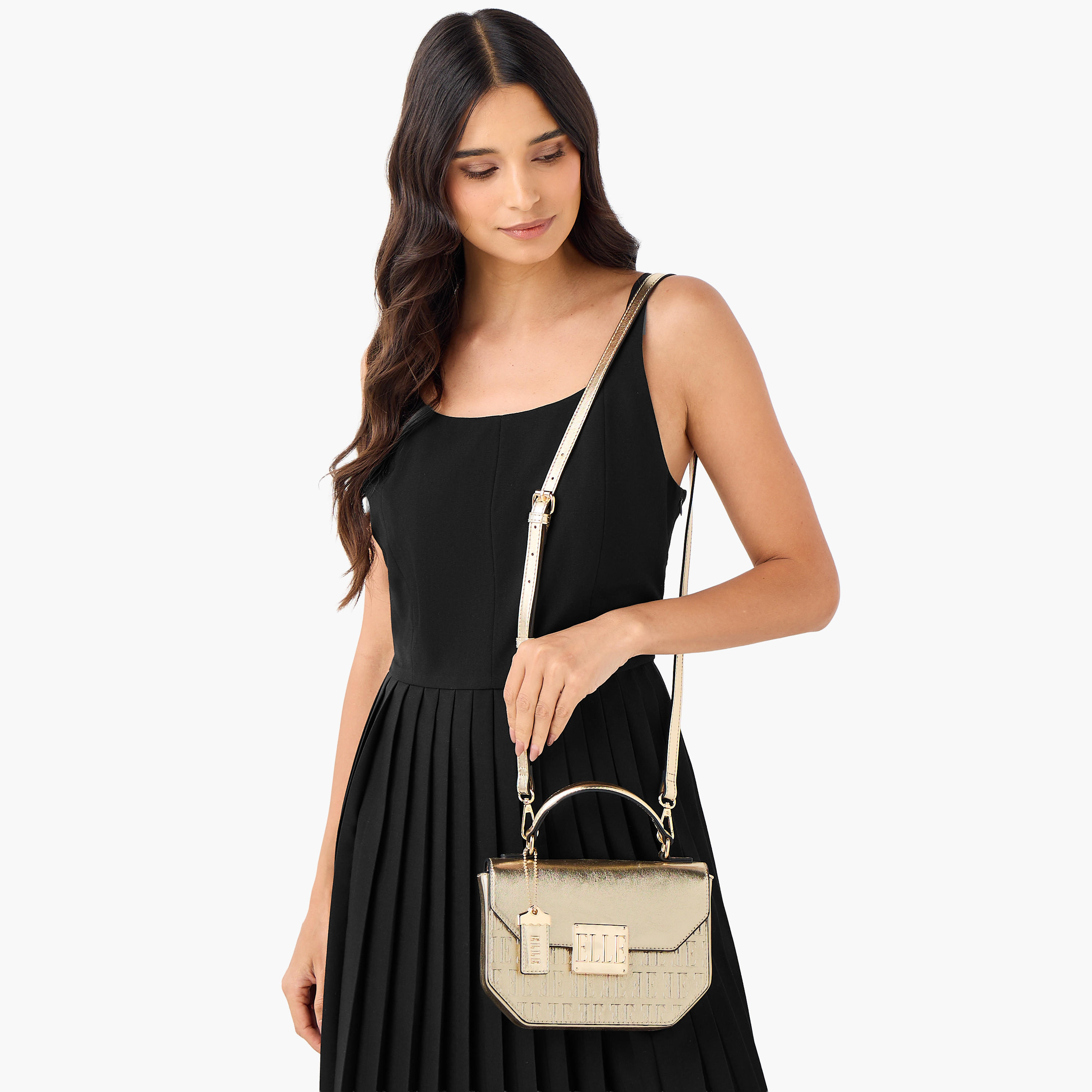 Elle Monogram Embossed Satchel Bag with Grab Handle and Button Closure-women-bagsandwallets-handbags-image-2