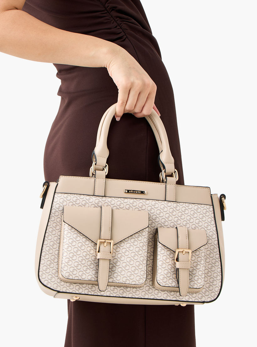 Celeste Monogram Print Tote Bag with Detachable Strap and Zip Closure-women-bagsandwallets-handbags-image-9