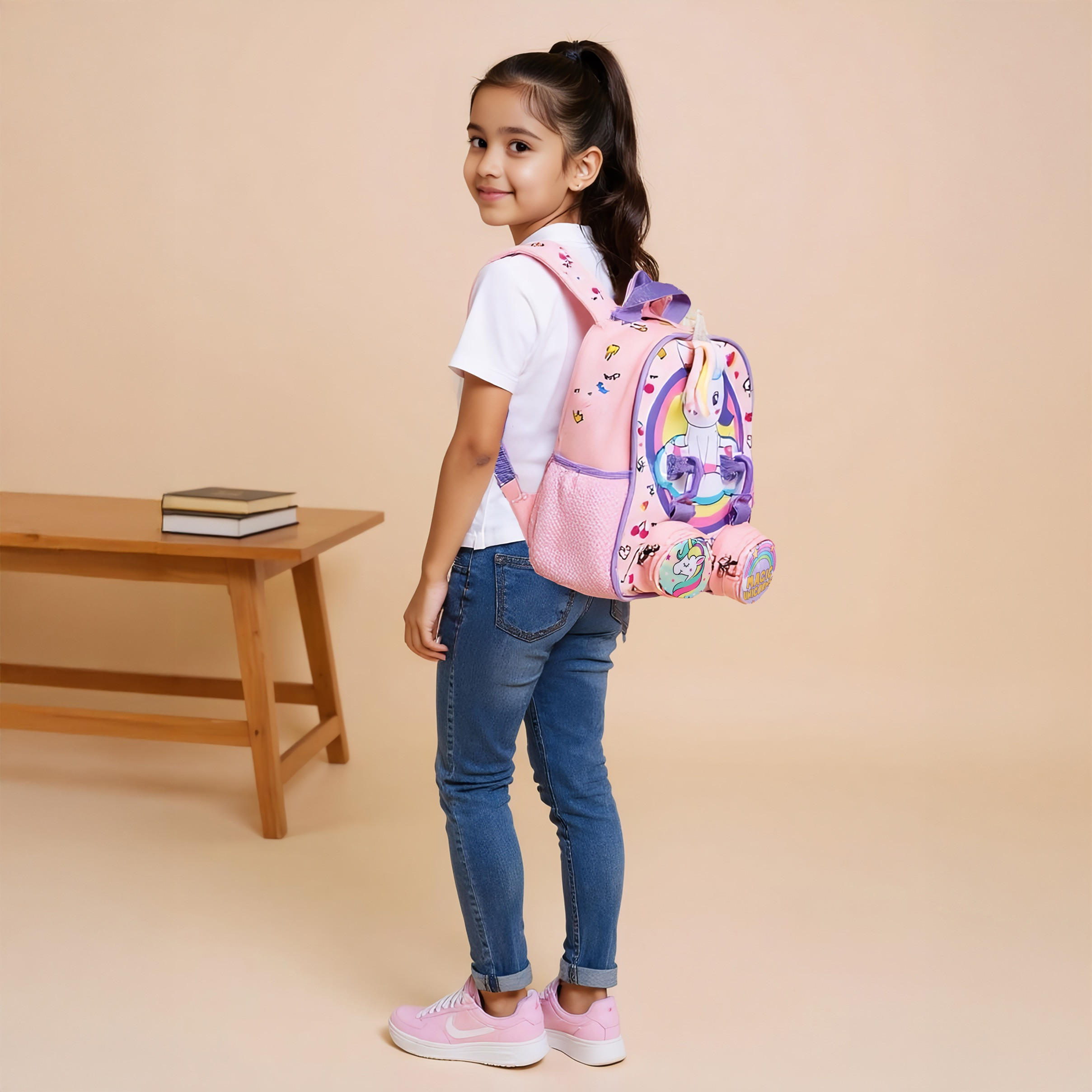 Supercute Unicorn Print Backpack with Shoulder Straps and Detachable Pouches - 26x10x28 cms-school-bagsandbackpacks-backpacks-image-2
