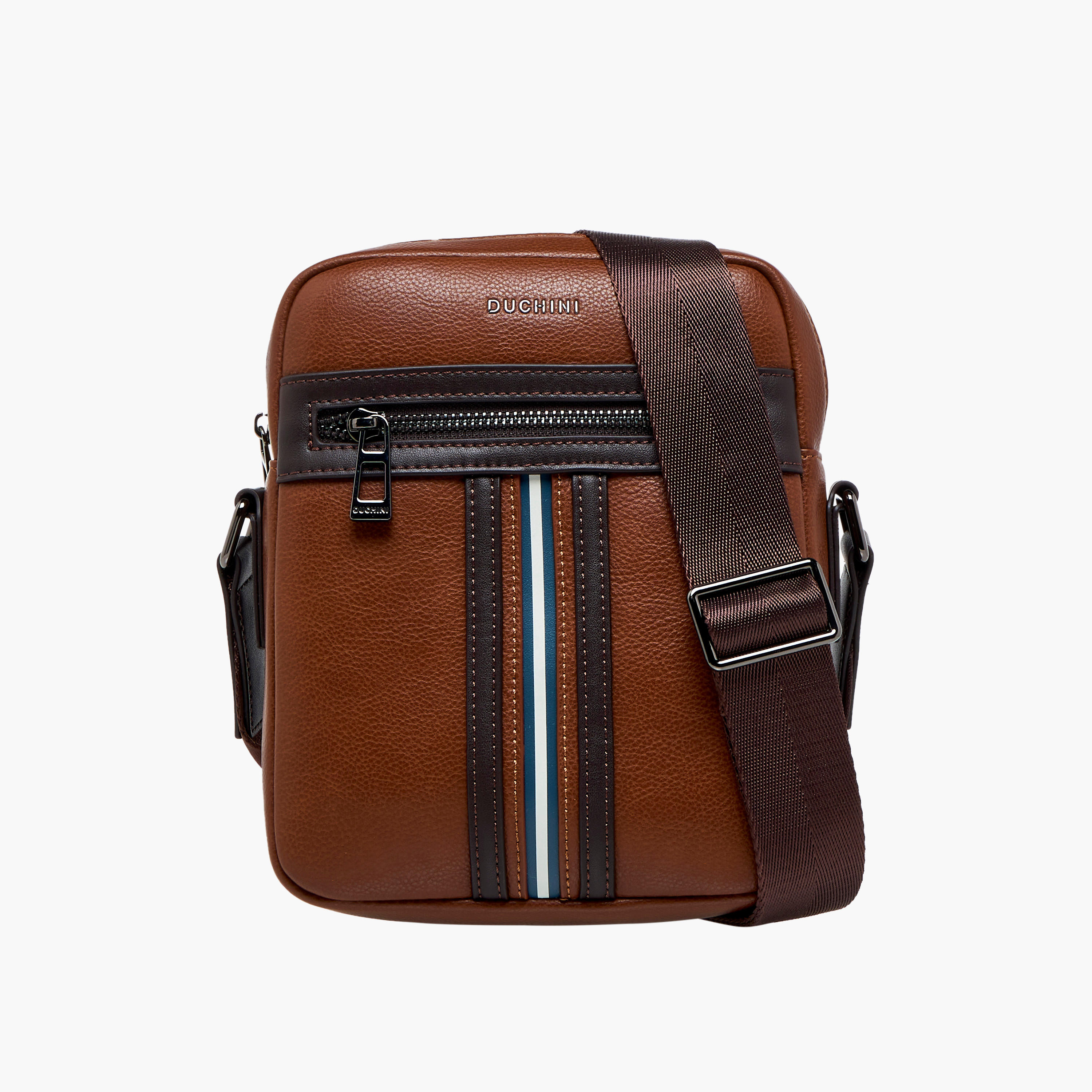 Duchini Striped Crossbody Bag with Adjustable Strap-men-bags-image-1