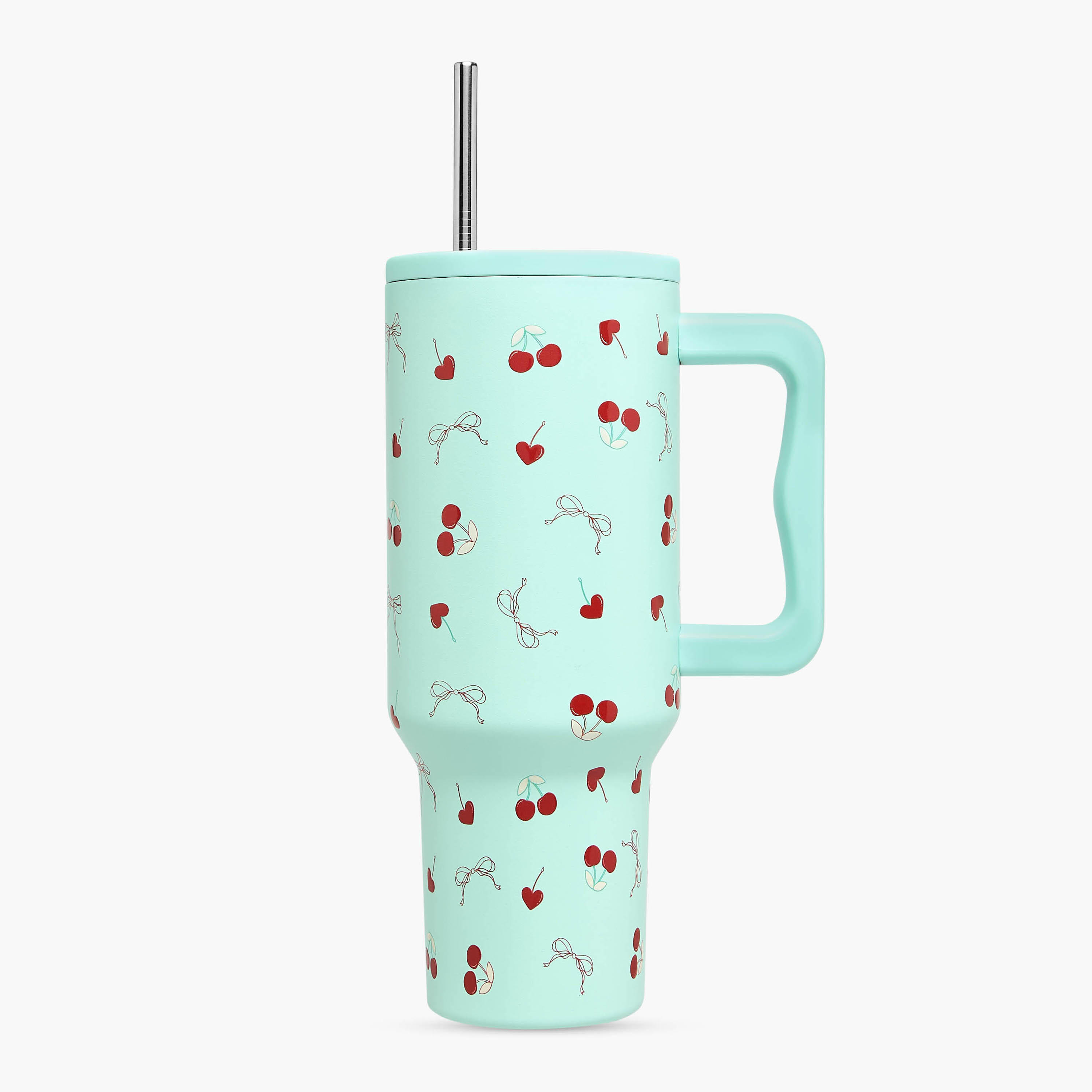 Cherry Print Stainless Steel Tumbler with Straw and Lid - 1 L-household-dining-teaandcoffee-travelmugsandsippers-image-1