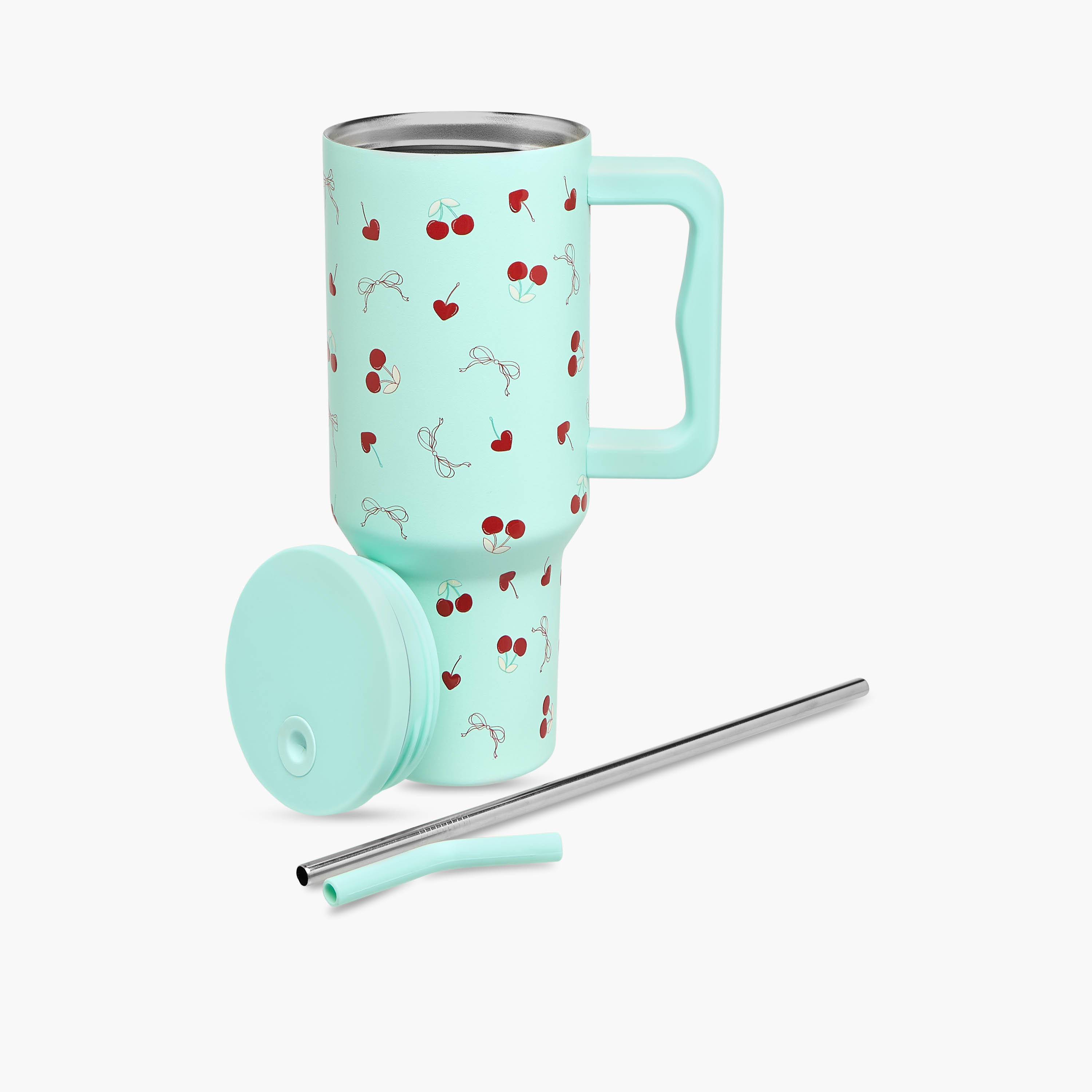 Cherry Print Stainless Steel Tumbler with Straw and Lid - 1 L-household-dining-teaandcoffee-travelmugsandsippers-image-2