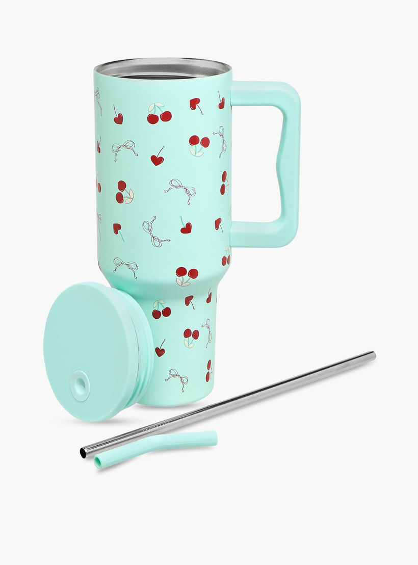 Cherry Print Stainless Steel Tumbler with Straw and Lid - 1 L-household-dining-teaandcoffee-travelmugsandsippers-image-2