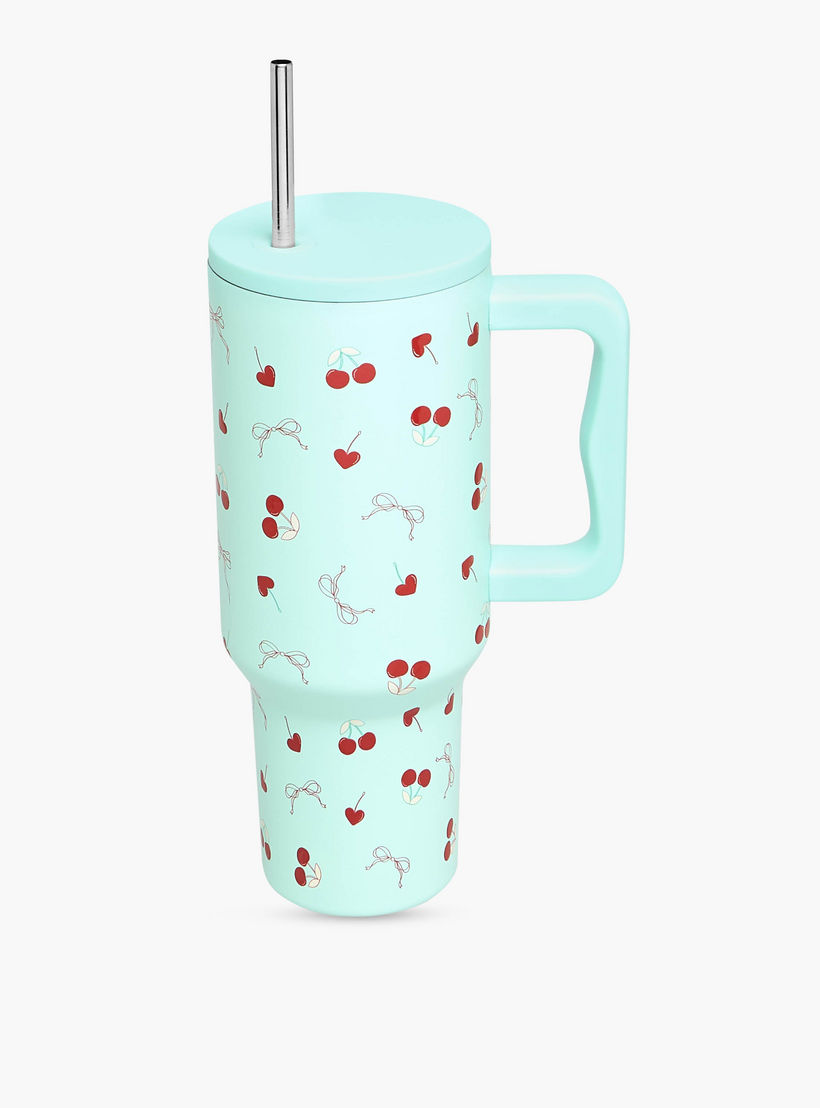 Cherry Print Stainless Steel Tumbler with Straw and Lid - 1 L-household-dining-teaandcoffee-travelmugsandsippers-image-3