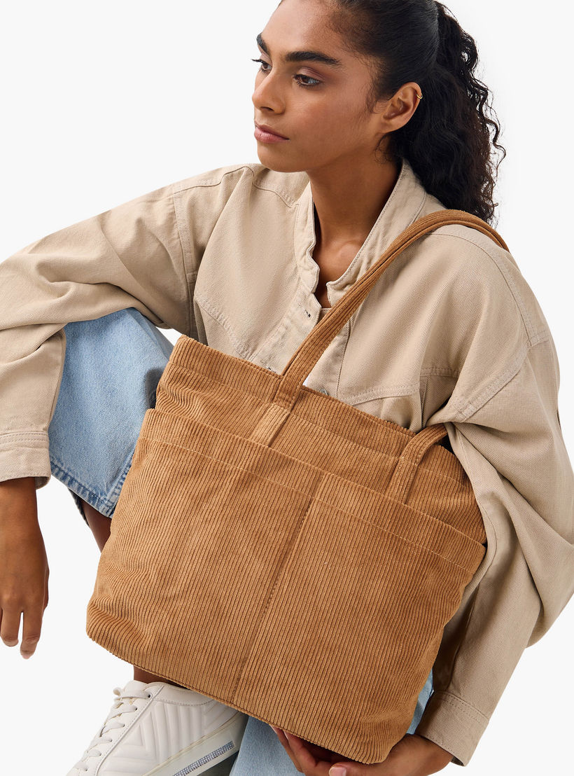 Mistotes Corduroy Tote Bag with Double Handle and Zip Closure-women-bagsandwallets-handbags-image-2