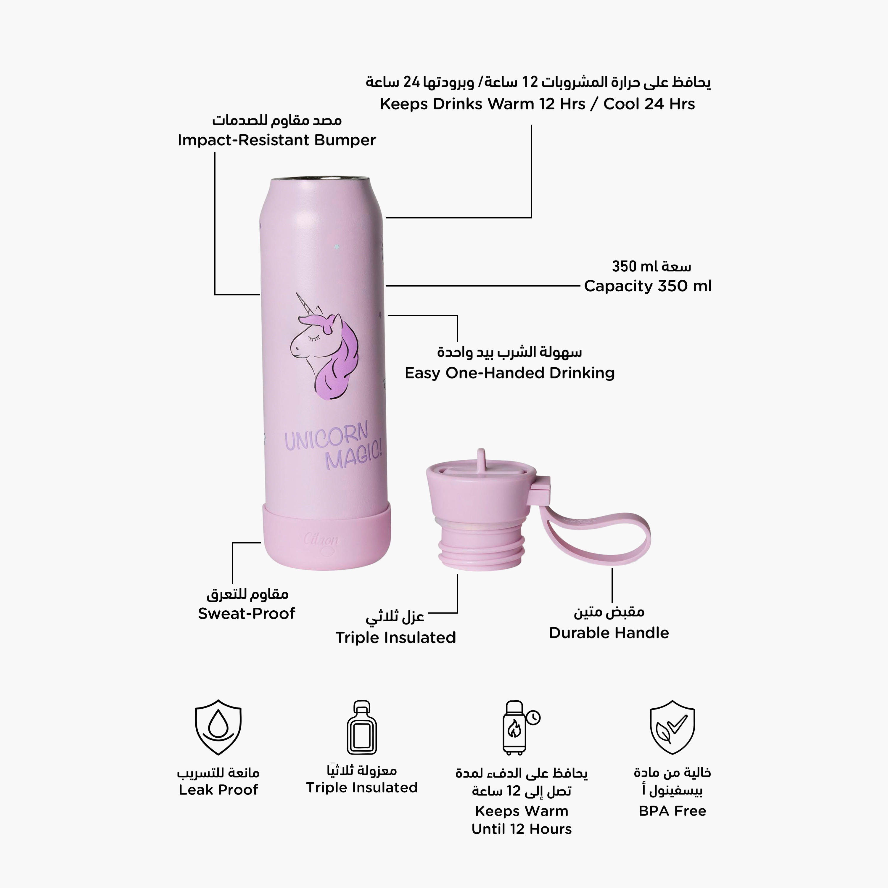 Citron Unicorn Print Triple Wall Insulated Water Bottle - 350 ml-school-waterbottles-image-2