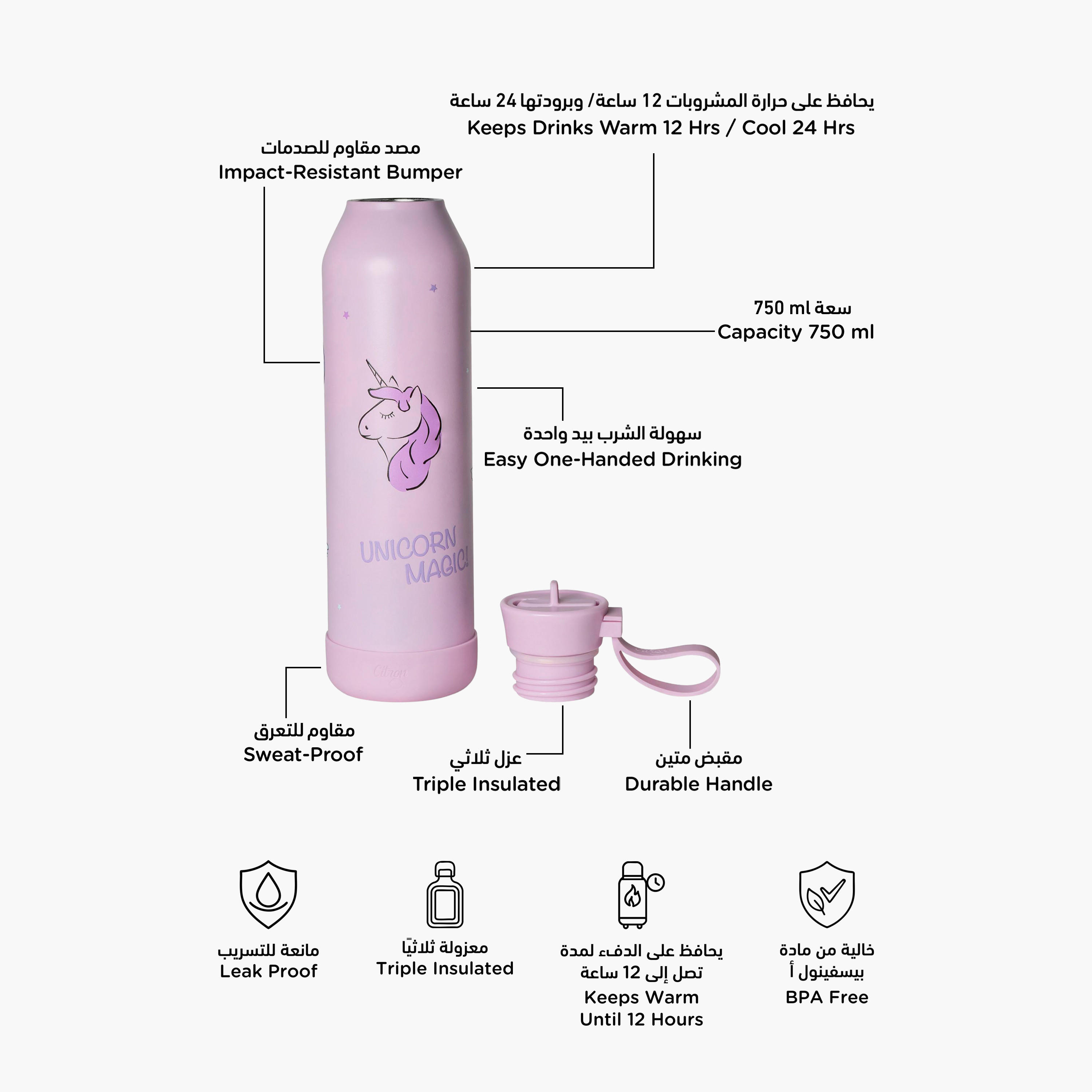 قارورة مياه معزولة بطبعات يونيكورن من سيترون - 750 مل-school-waterbottles-image-2