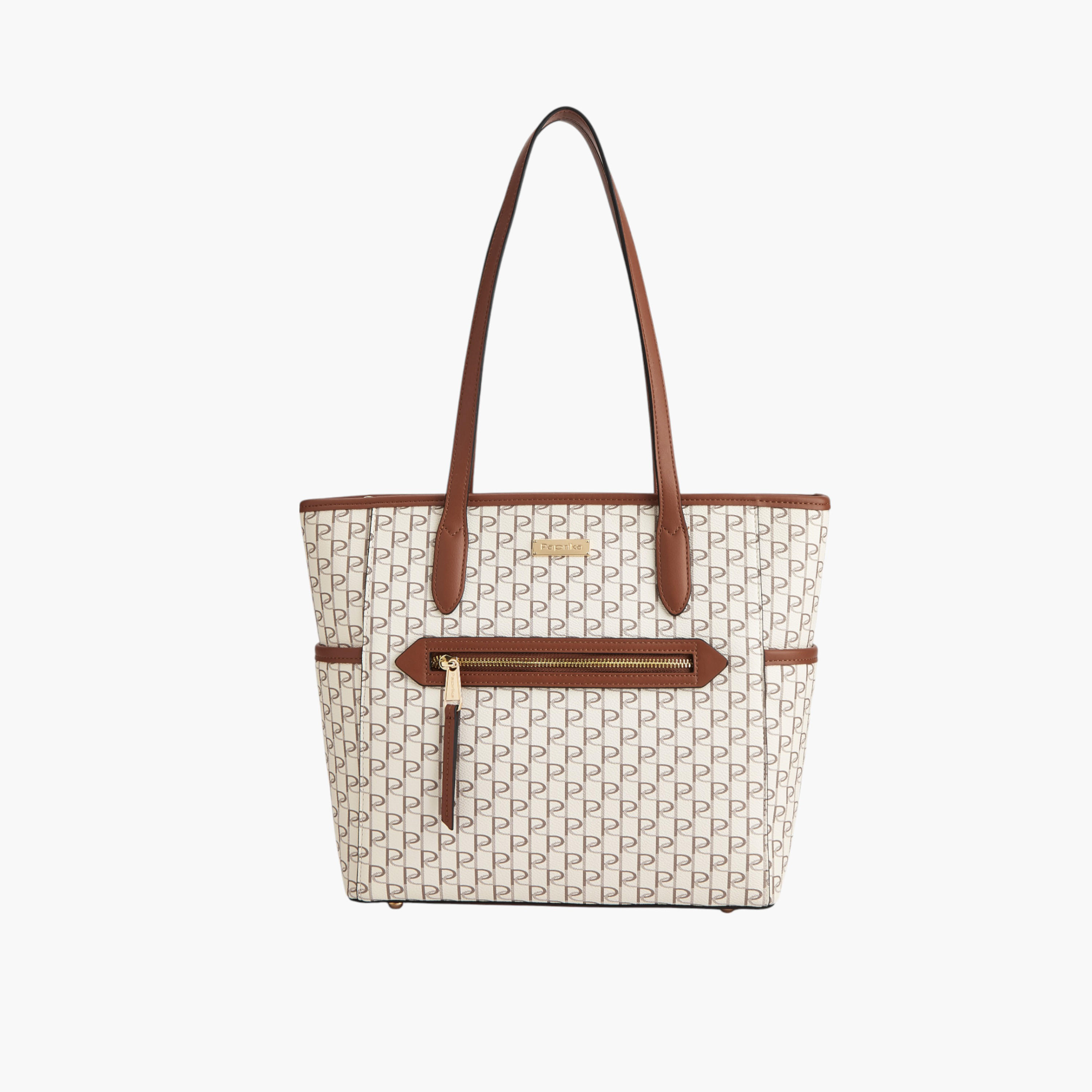 Paprika Monogram Print Tote Bag with Double Handle and Zip Closure-women-bagsandwallets-handbags-image-1