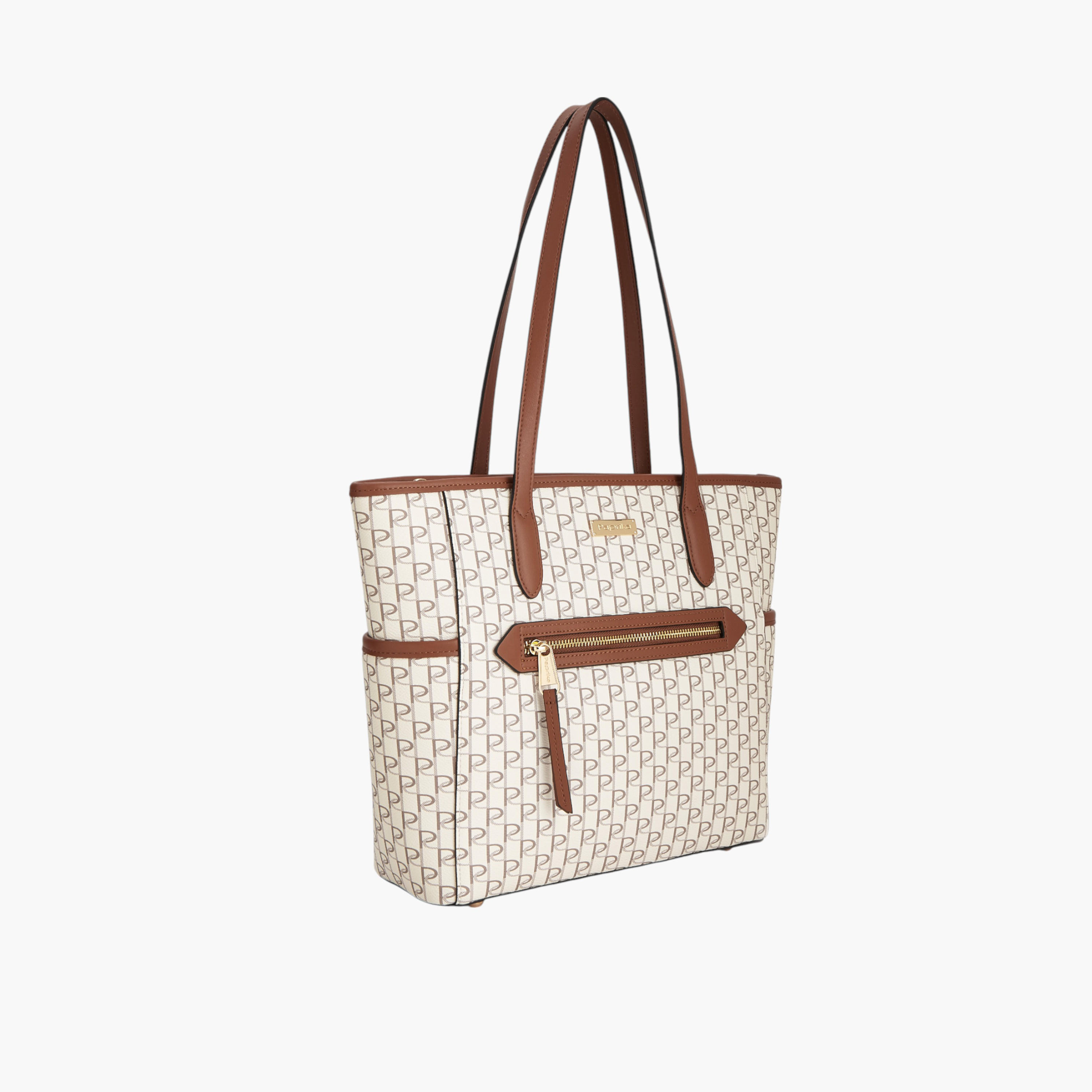 Paprika Monogram Print Tote Bag with Double Handle and Zip Closure-women-bagsandwallets-handbags-image-3