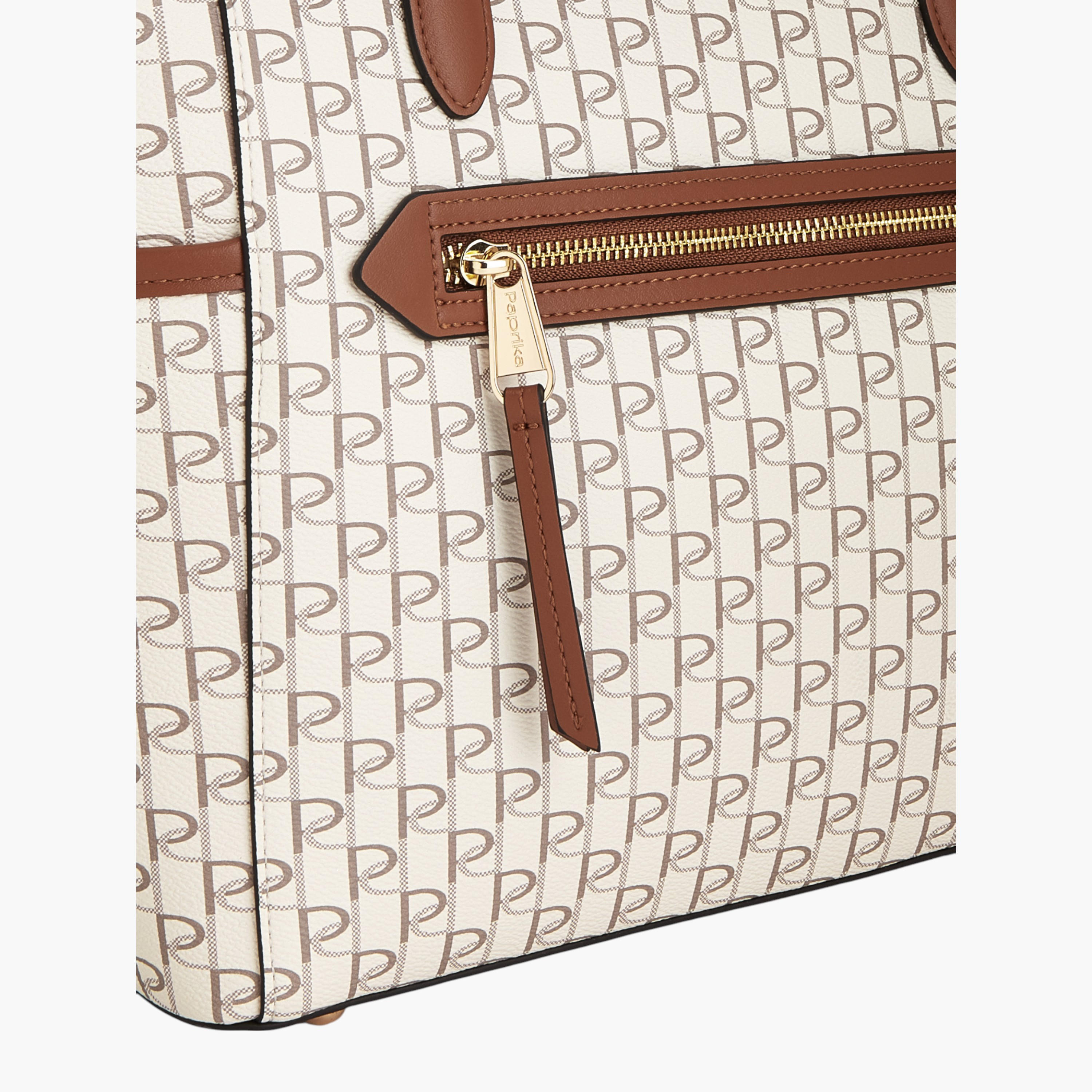 Paprika Monogram Print Tote Bag with Double Handle and Zip Closure-women-bagsandwallets-handbags-image-5
