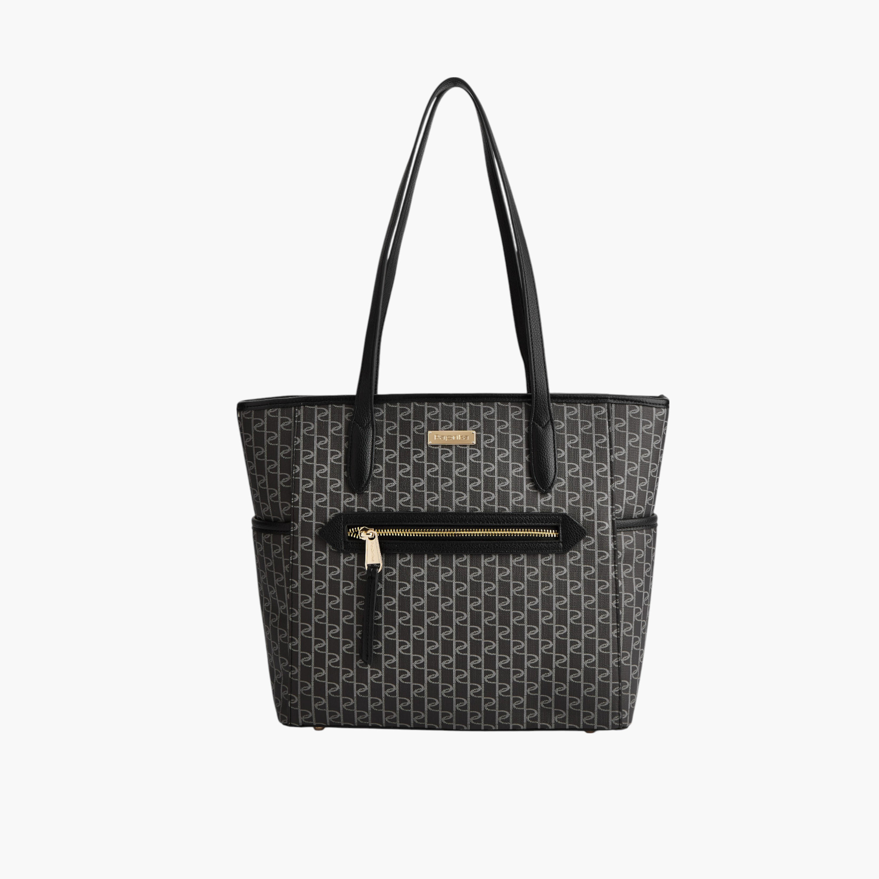 Paprika Monogram Print Tote Bag with Double Handle and Zip Closure-women-bagsandwallets-handbags-image-1