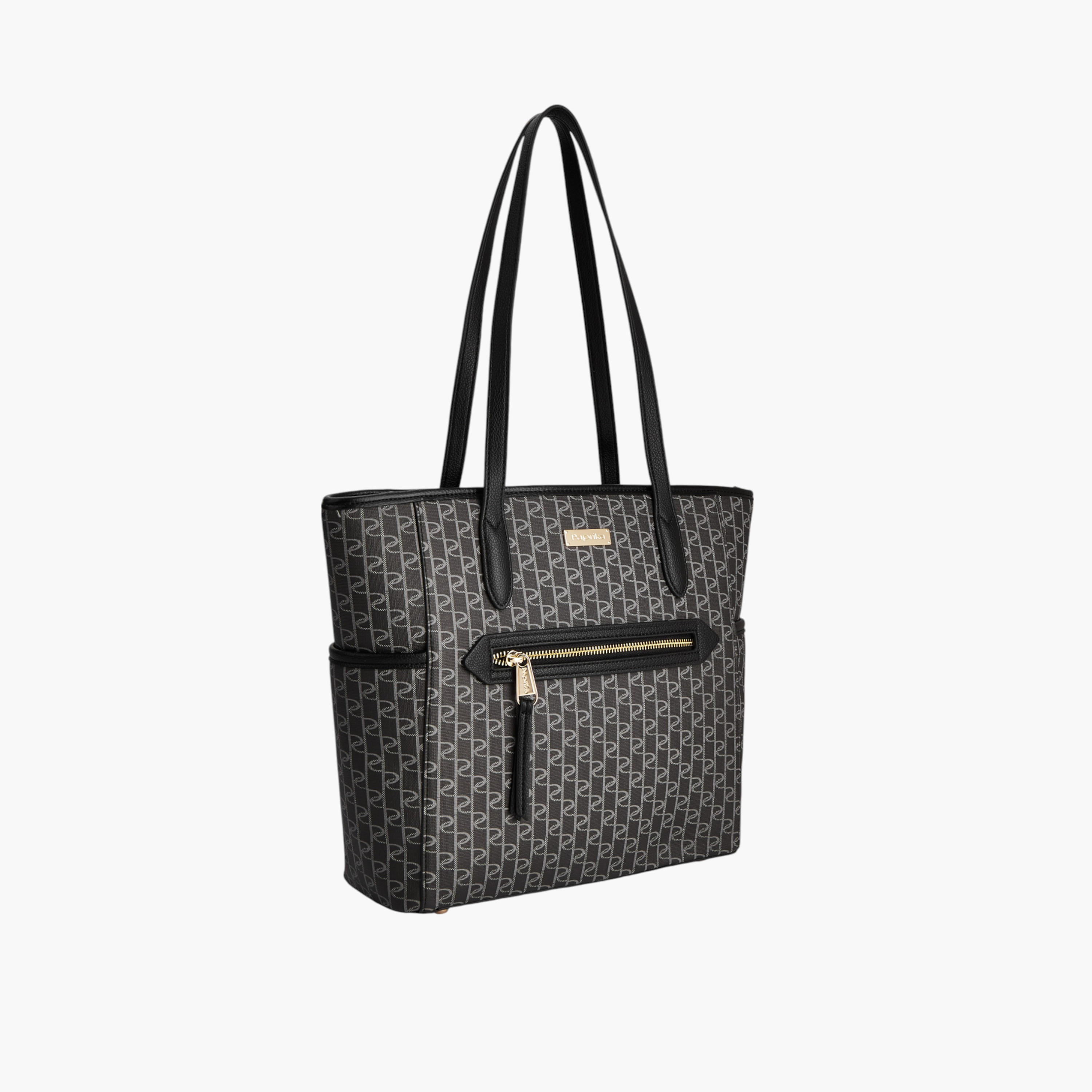 Paprika Monogram Print Tote Bag with Double Handle and Zip Closure-women-bagsandwallets-handbags-image-3