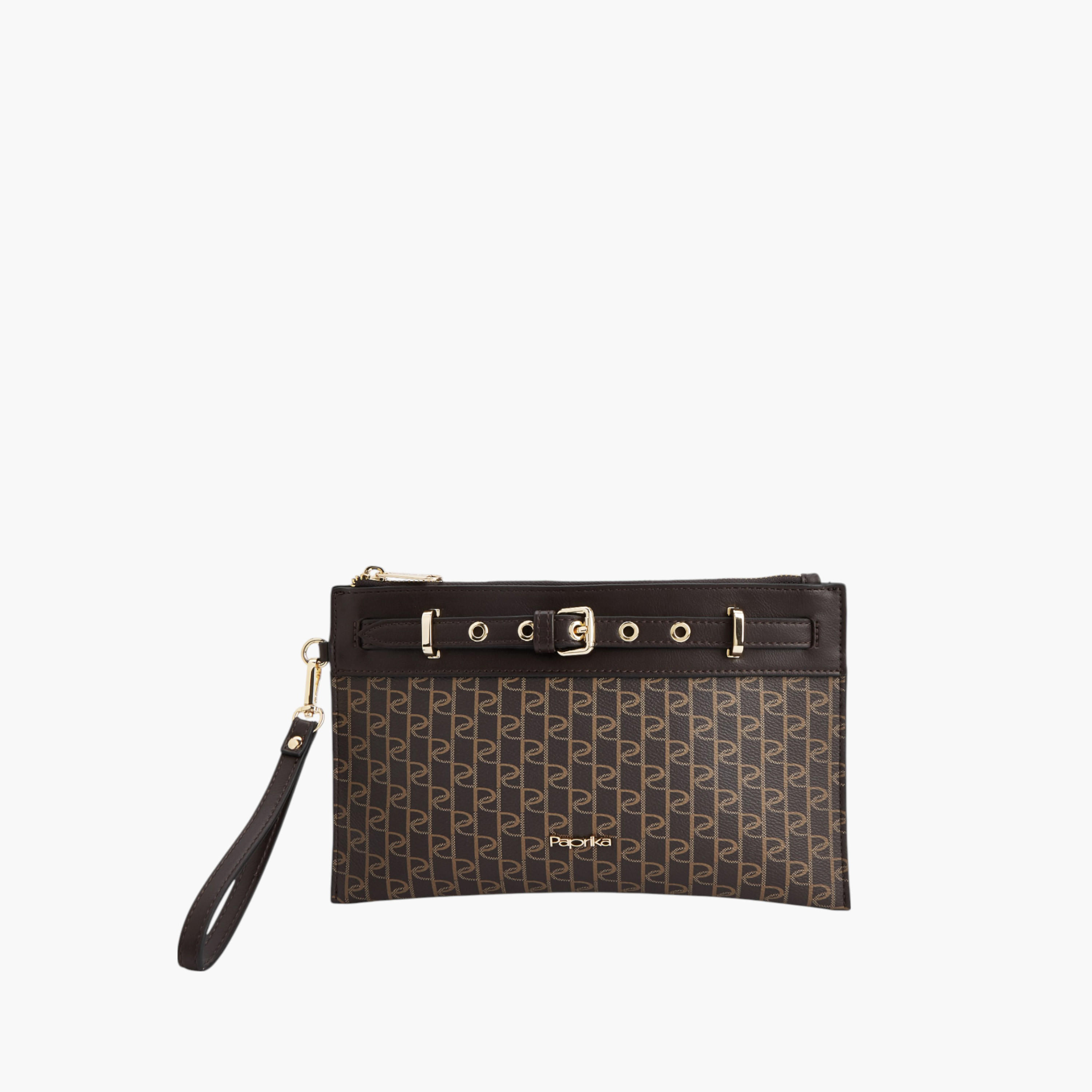 Paprika Monogram Print Clutch with Wristlet Strap and Zip Closure-women-bagsandwallets-handbags-image-1