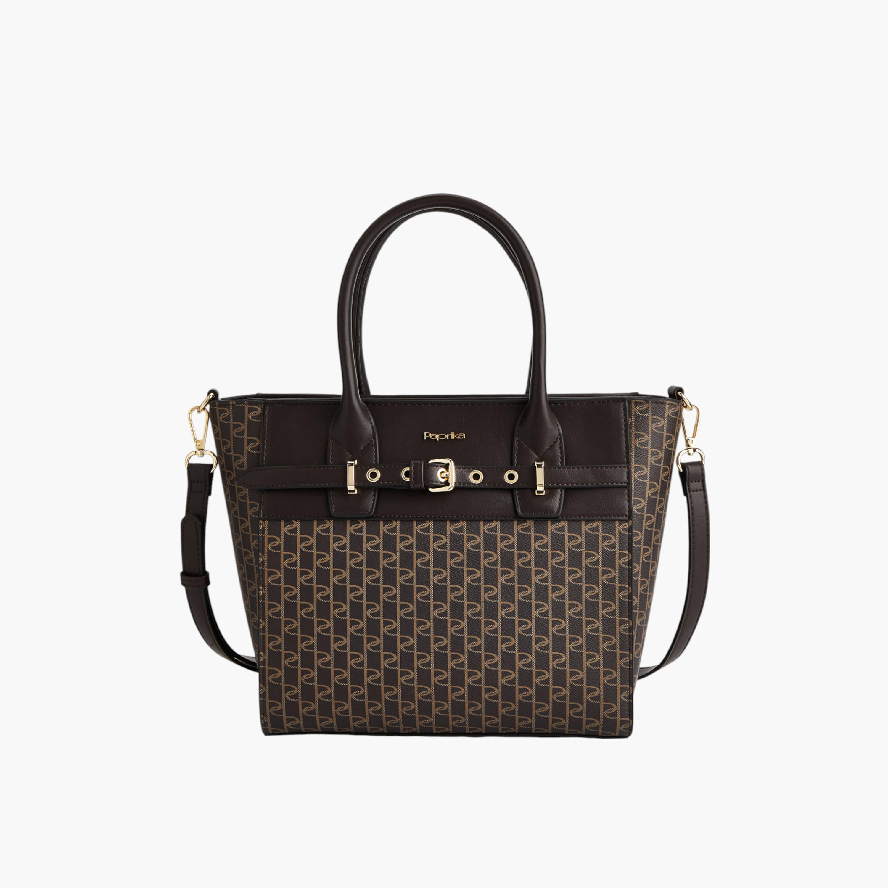 Paprika Monogram Print Tote Bag with Double Handle and Zip Closure-women-bagsandwallets-handbags-image-1