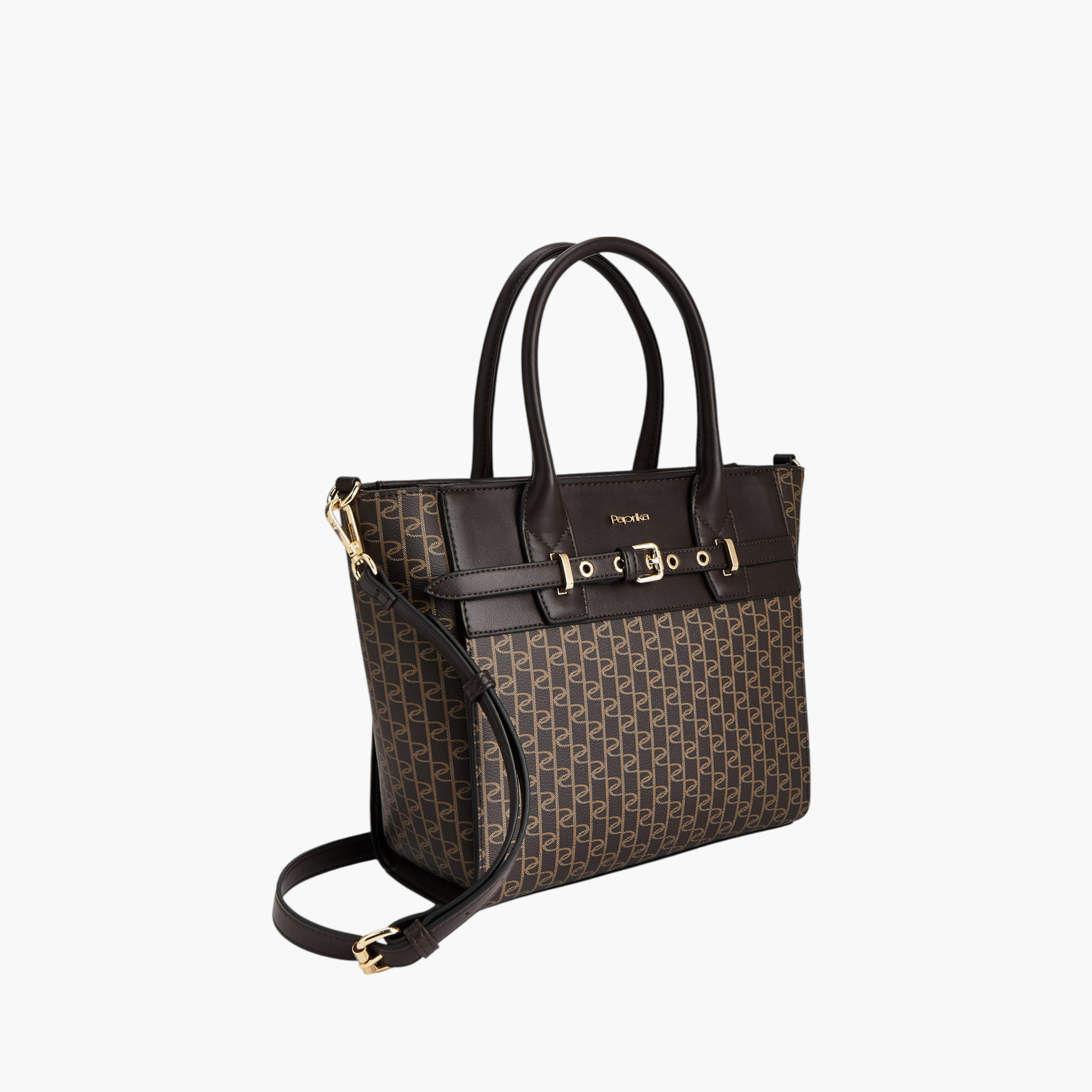Paprika Monogram Print Tote Bag with Double Handle and Zip Closure-women-bagsandwallets-handbags-image-3