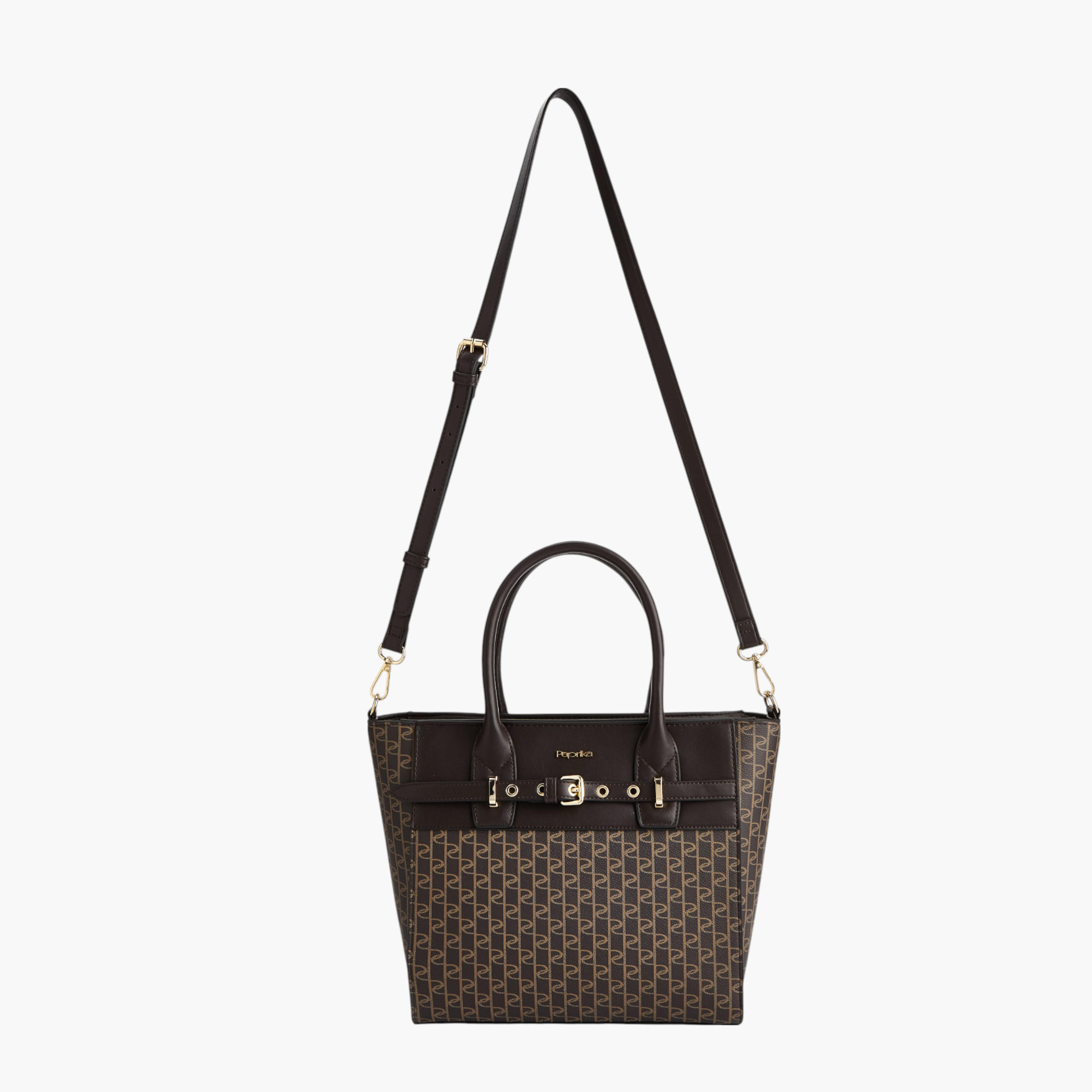 Paprika Monogram Print Tote Bag with Double Handle and Zip Closure-women-bagsandwallets-handbags-image-6