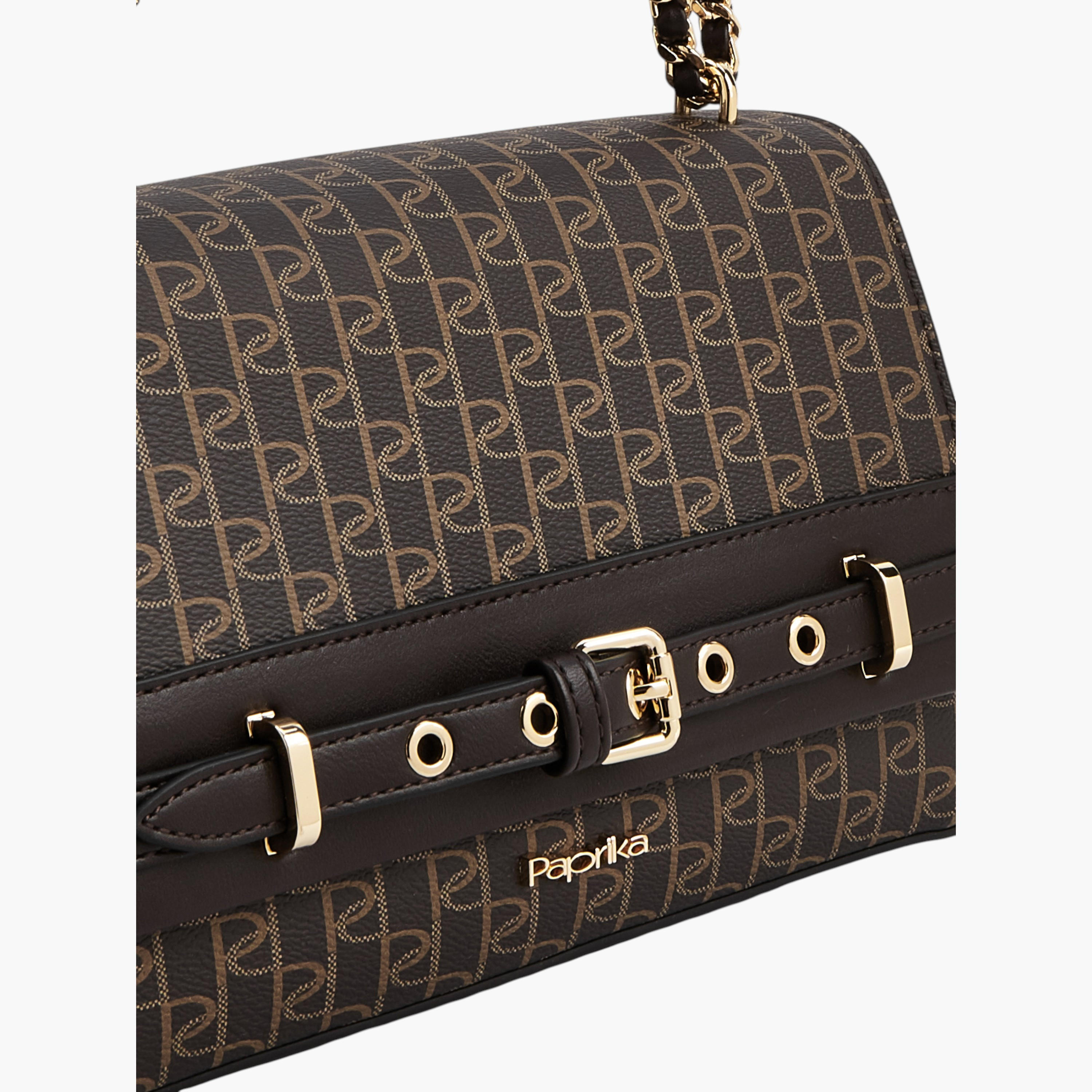 Paprika Monogram Print Crossbody Bag with Chain Strap and Button Closure-women-bagsandwallets-handbags-image-4
