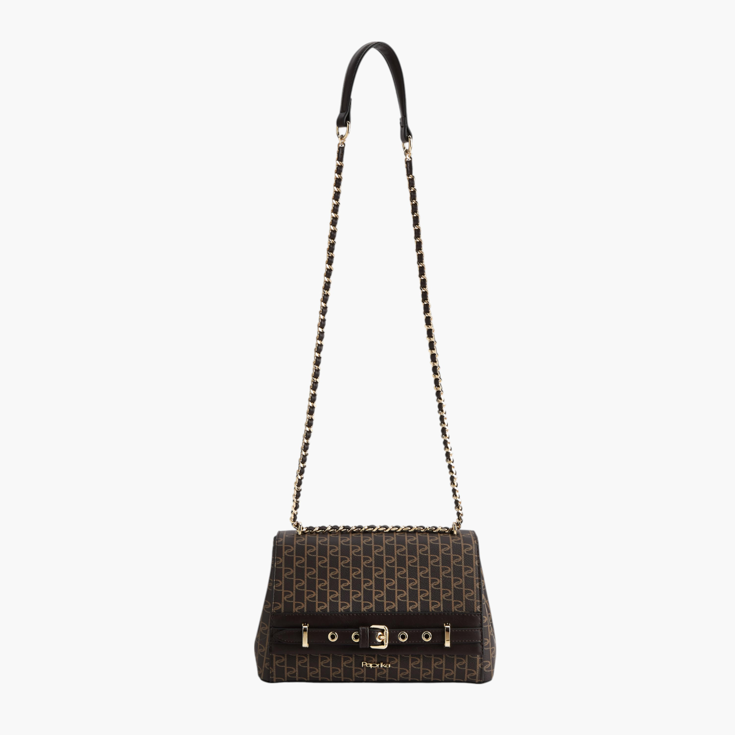Paprika Monogram Print Crossbody Bag with Chain Strap and Button Closure-women-bagsandwallets-handbags-image-5