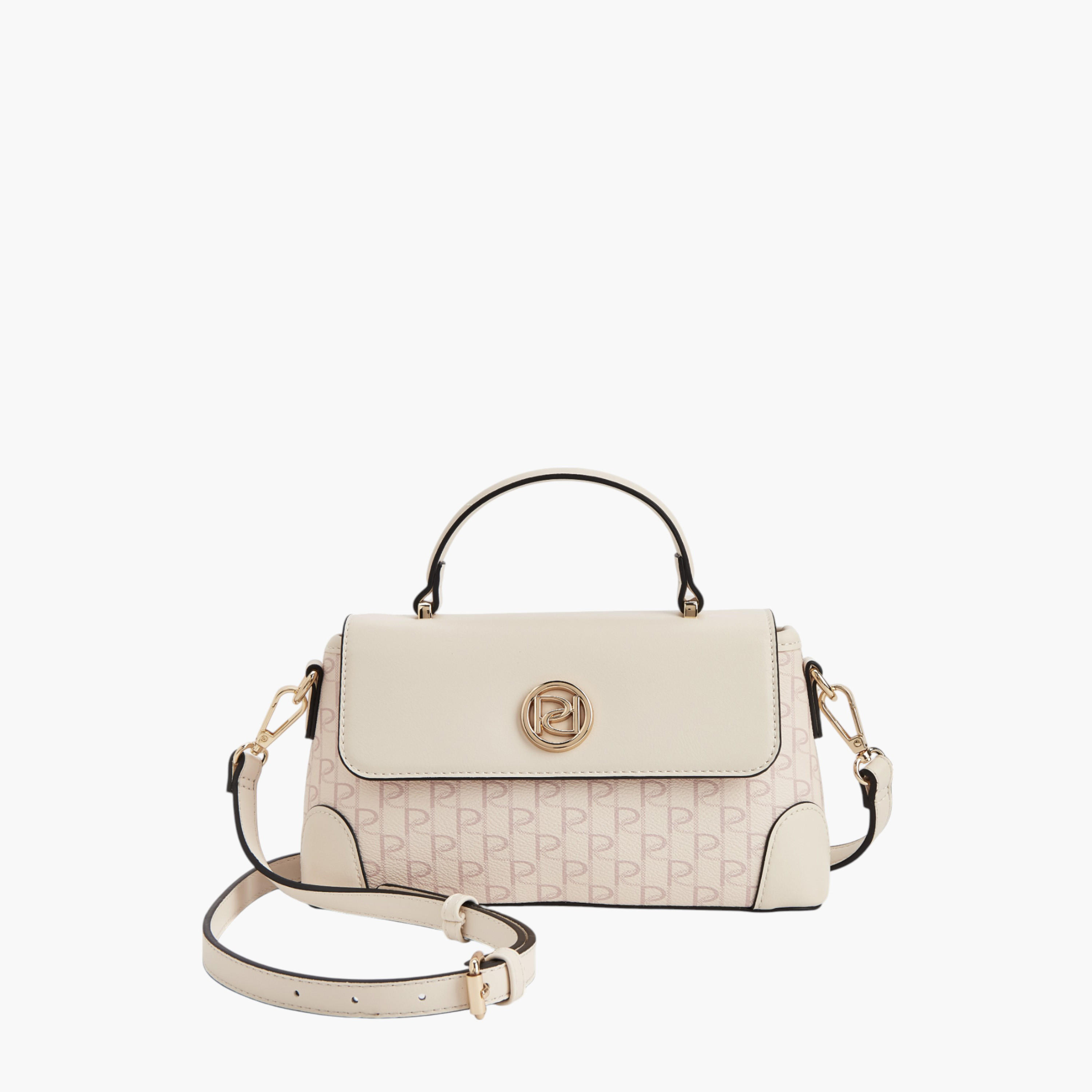 Paprika Monogram Print Satchel Bag with Grab Handle and Button Closure-women-bagsandwallets-handbags-image-1