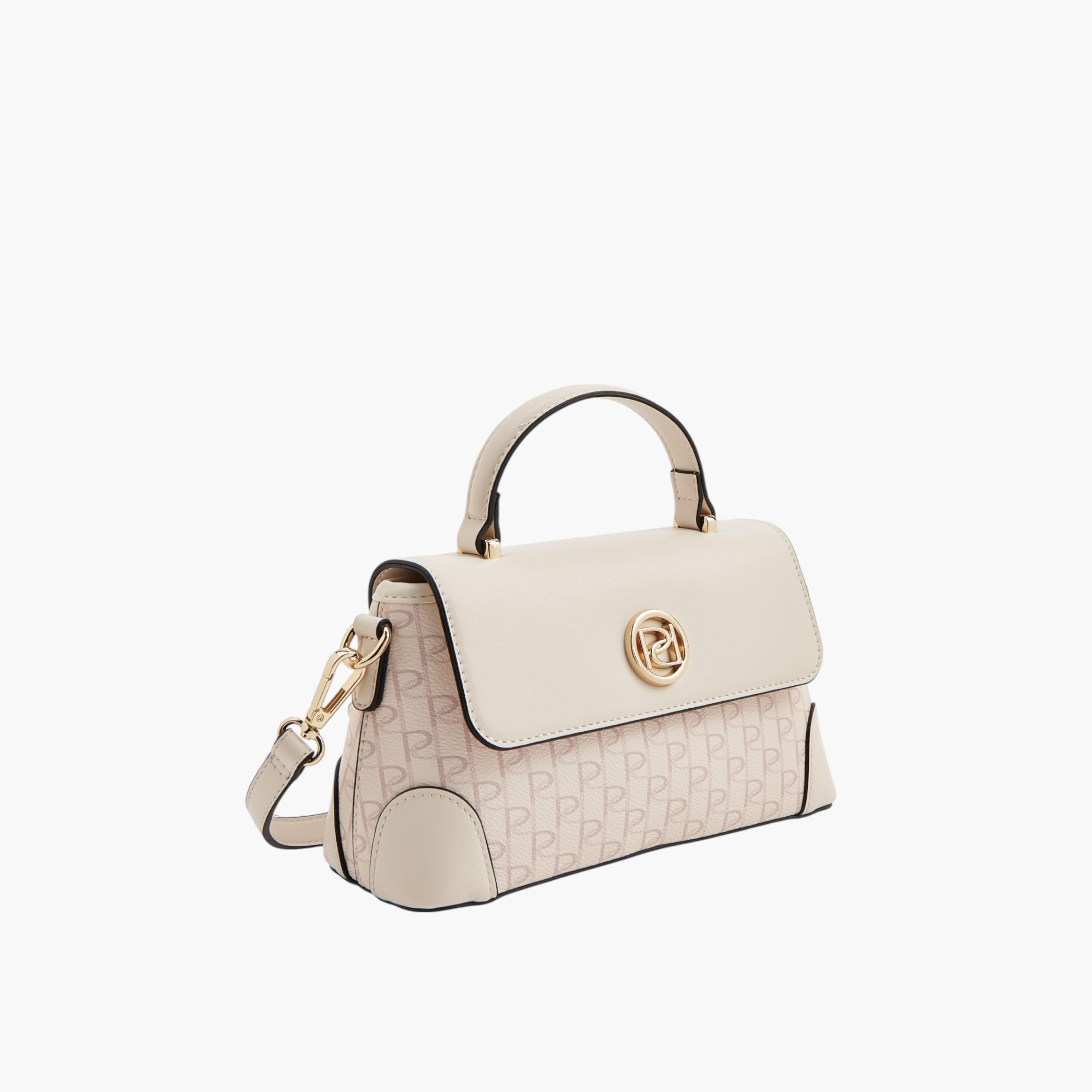 Paprika Monogram Print Satchel Bag with Grab Handle and Button Closure-women-bagsandwallets-handbags-image-3