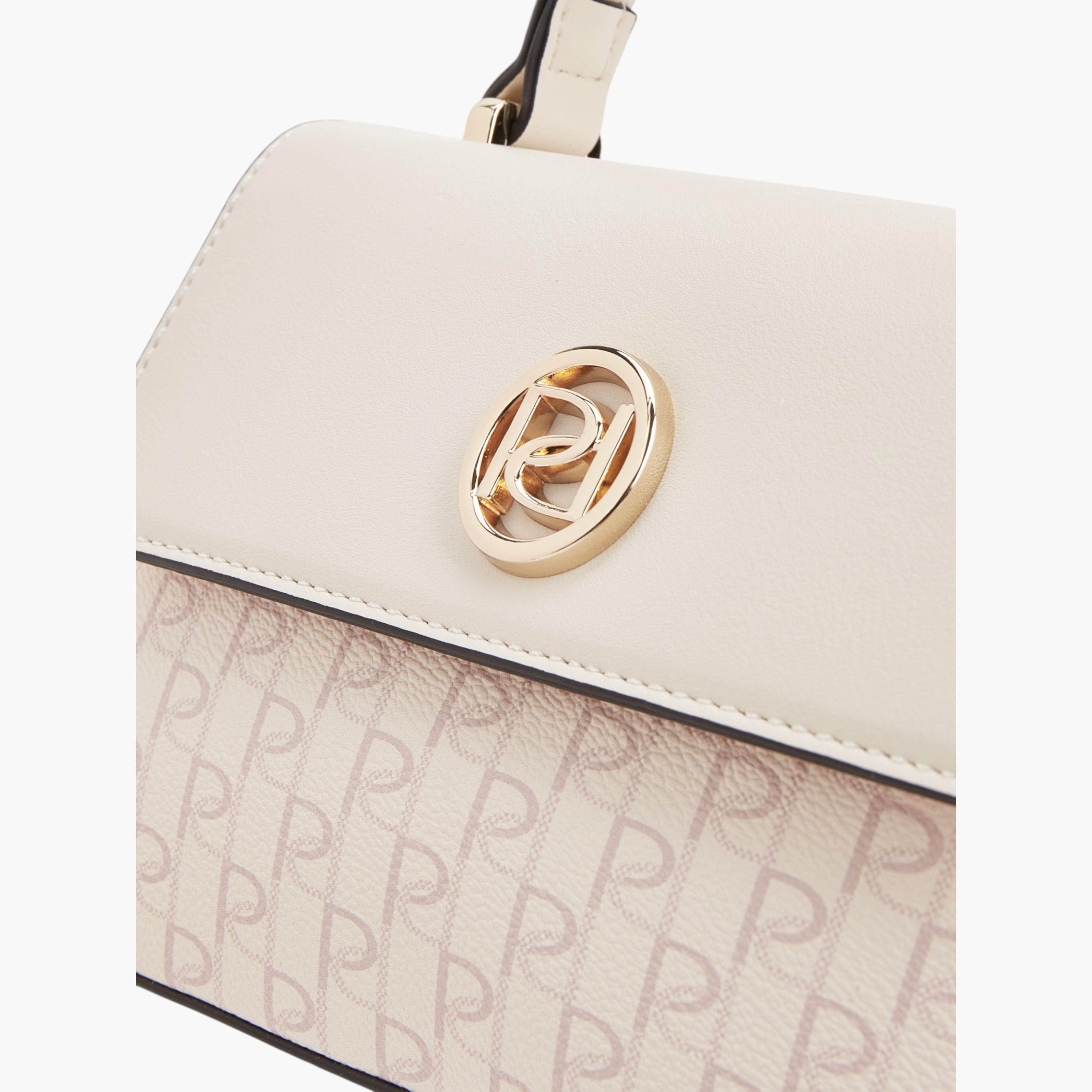Paprika Monogram Print Satchel Bag with Grab Handle and Button Closure-women-bagsandwallets-handbags-image-4