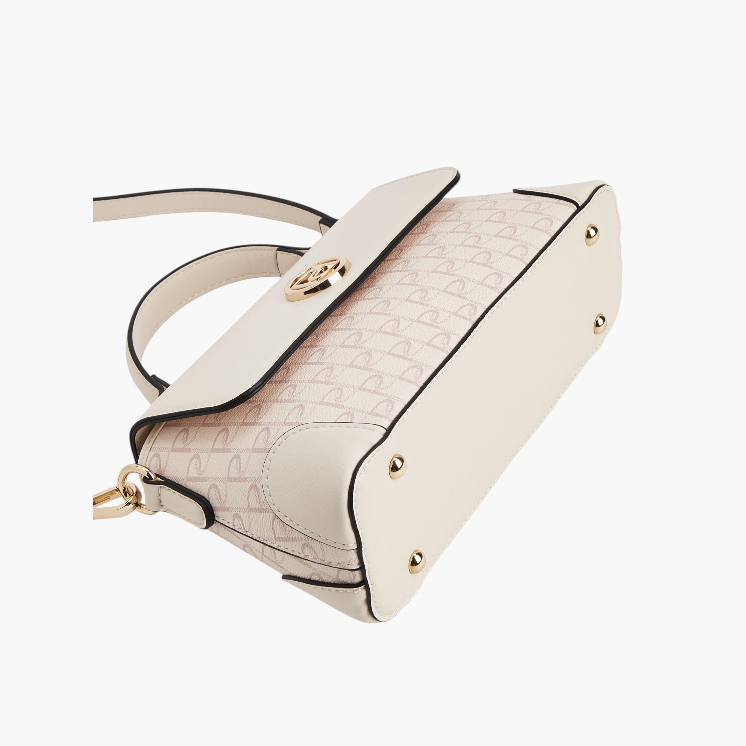Paprika Monogram Print Satchel Bag with Grab Handle and Button Closure-women-bagsandwallets-handbags-image-5