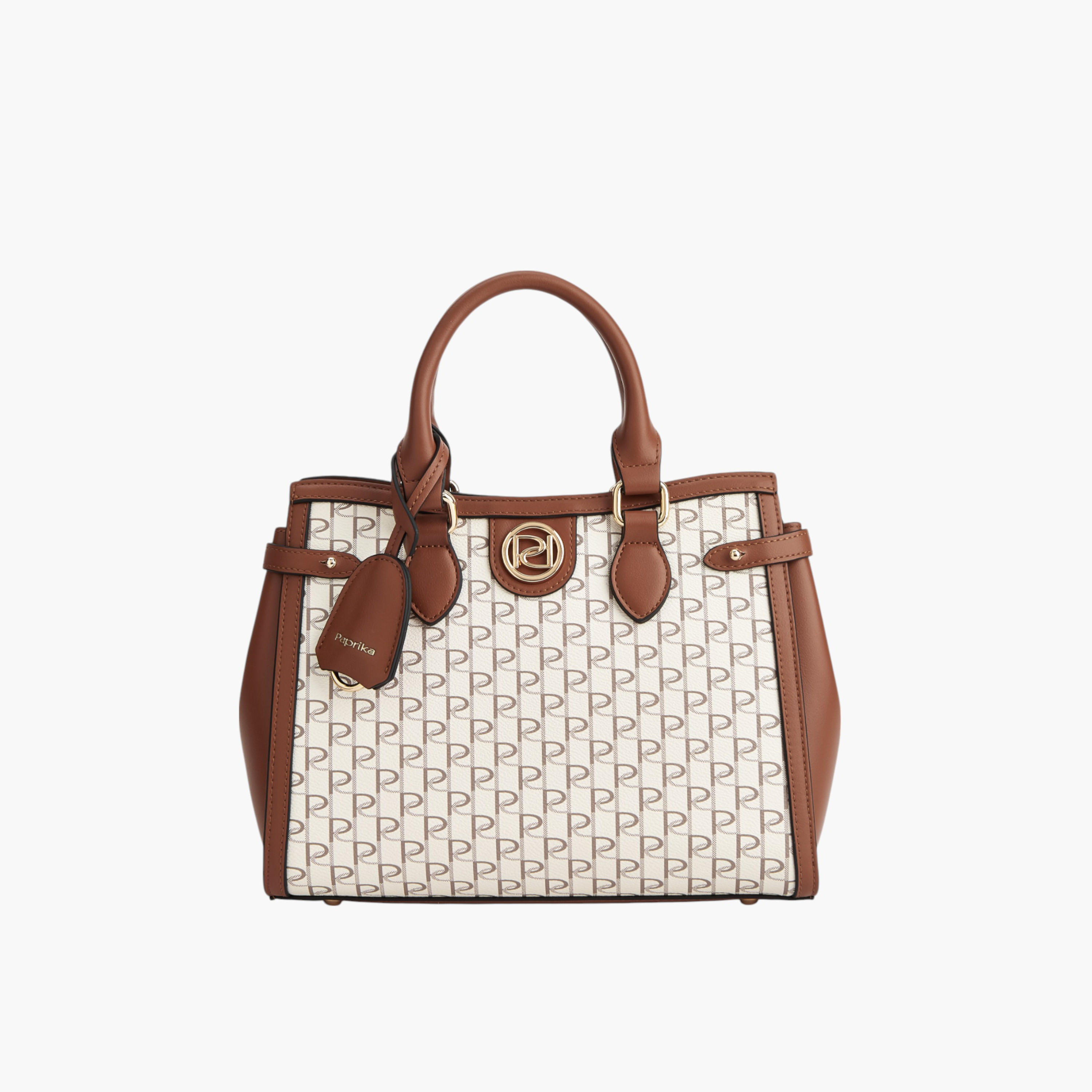 Paprika Monogram Print Tote Bag with Double Handle and Zip Closure-women-bagsandwallets-handbags-image-1