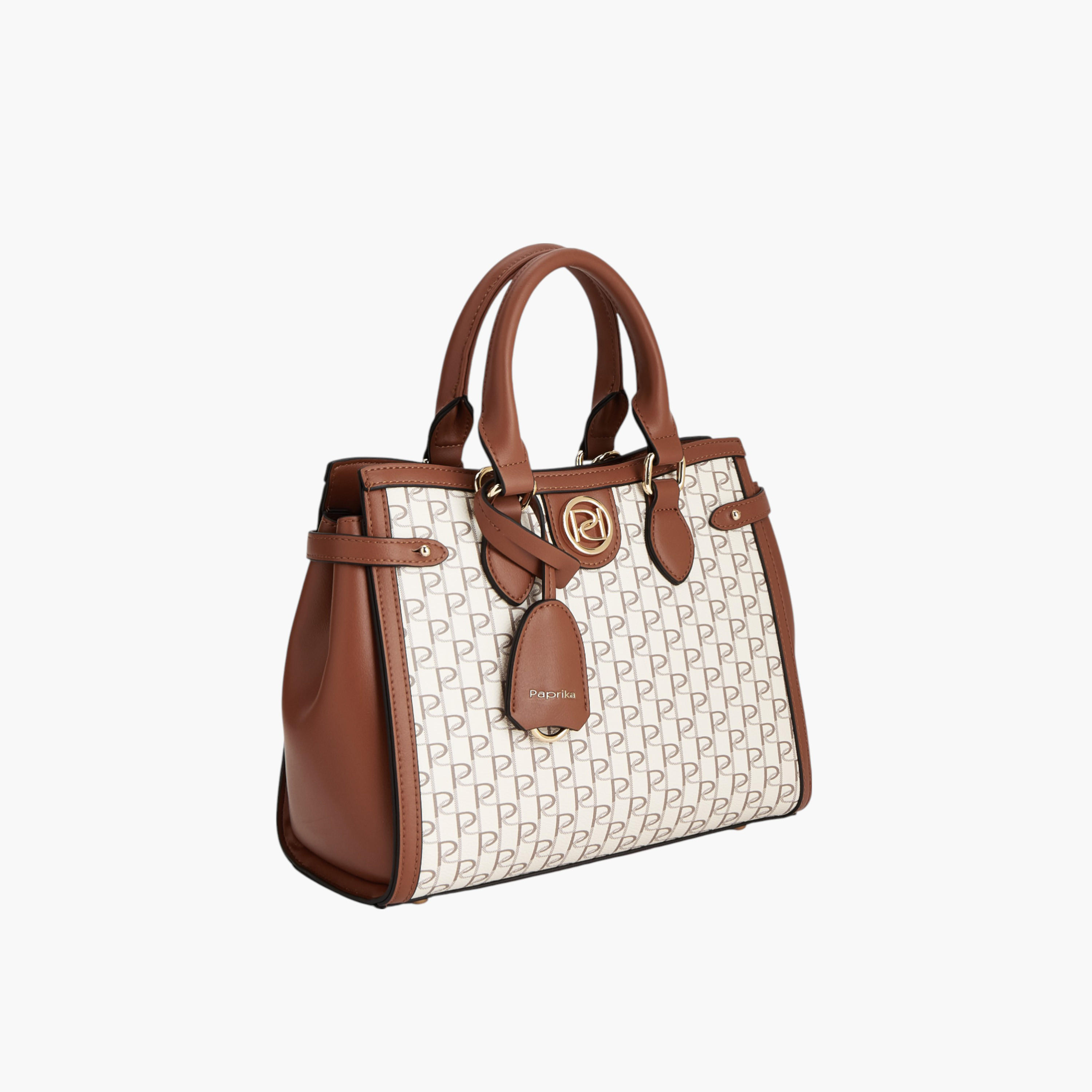 Paprika Monogram Print Tote Bag with Double Handle and Zip Closure-women-bagsandwallets-handbags-image-3