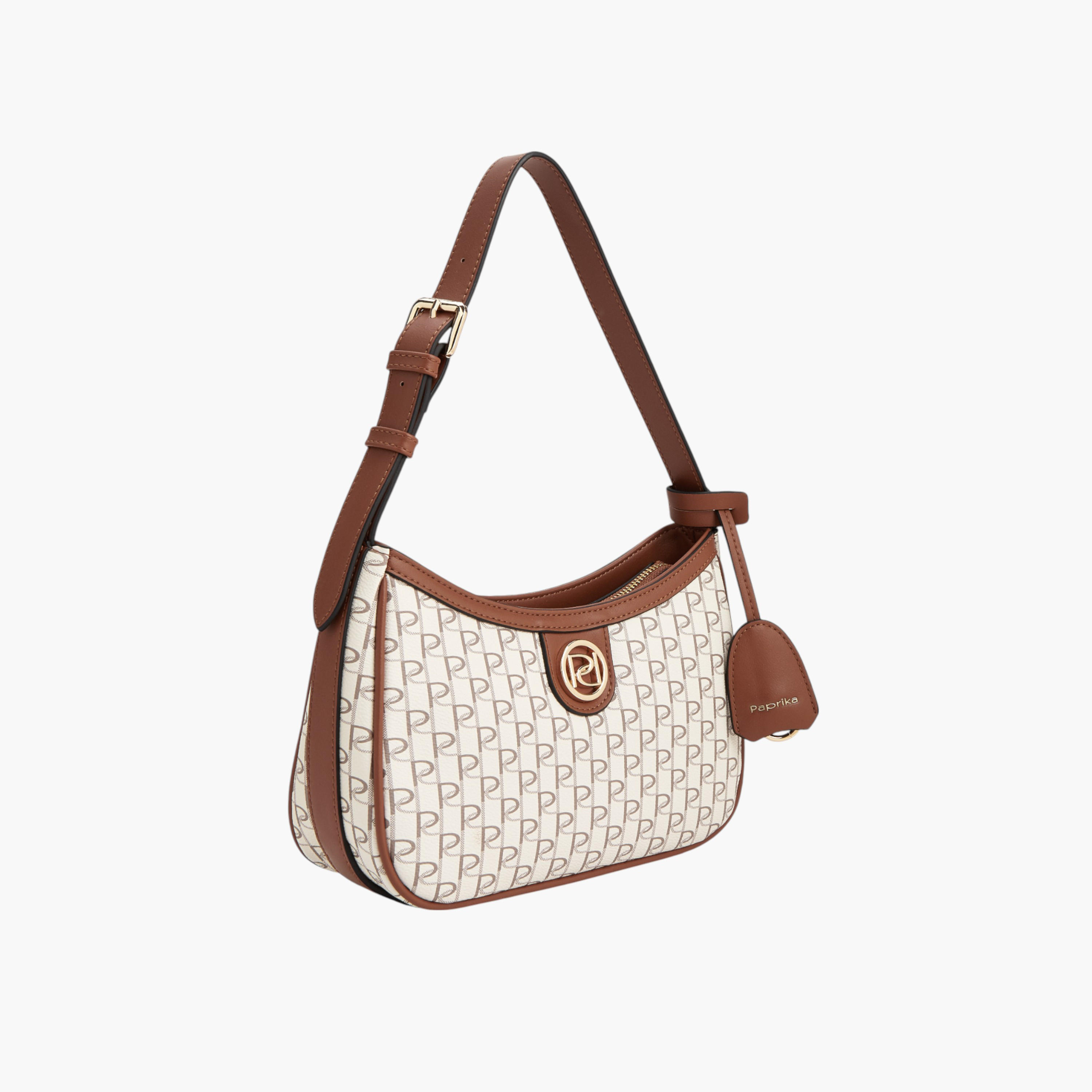 Paprika Monogram Print Shoulder Bag with Adjustable Strap and Zip Closure-women-bagsandwallets-handbags-image-3