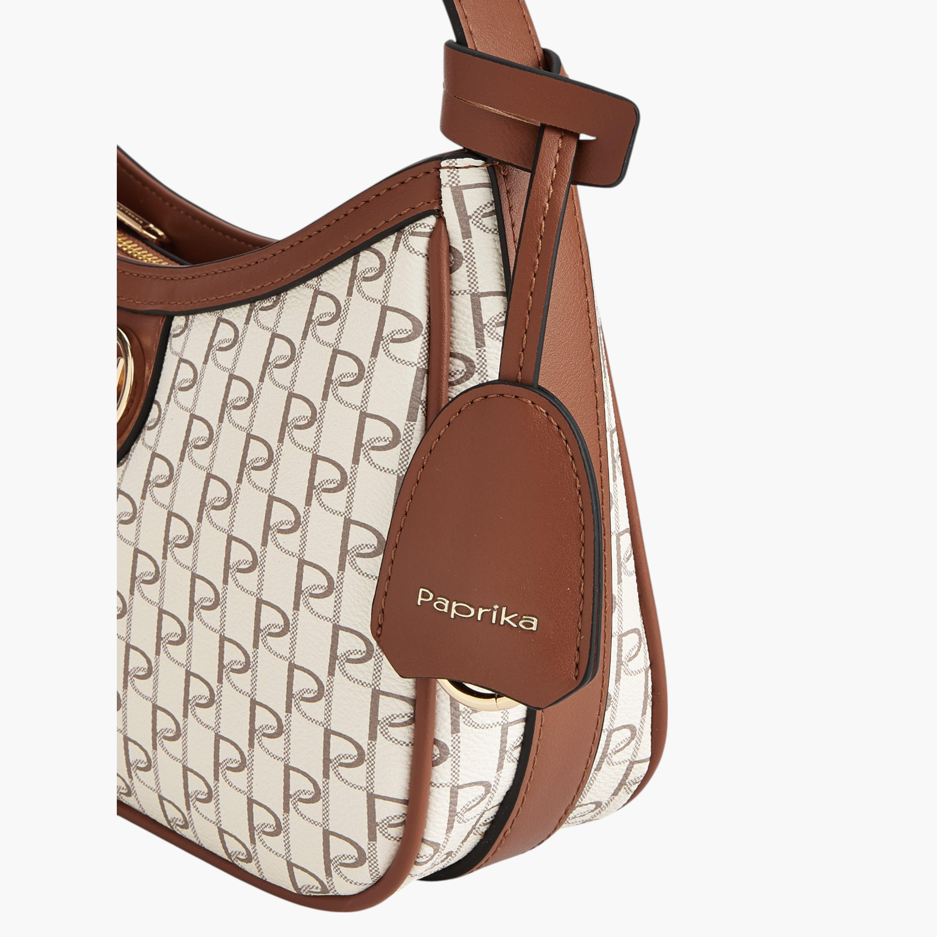 Paprika Monogram Print Shoulder Bag with Adjustable Strap and Zip Closure-women-bagsandwallets-handbags-image-5