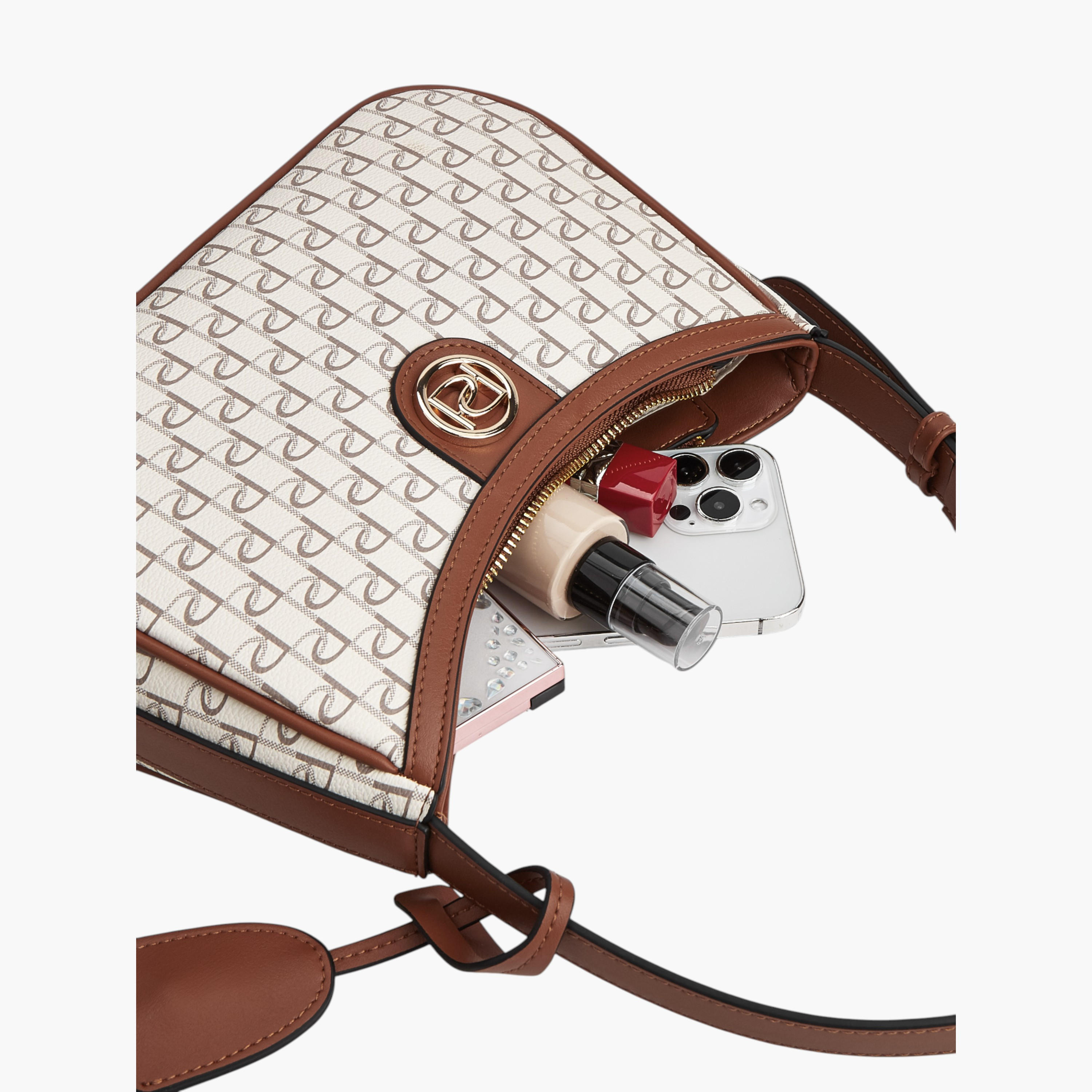 Paprika Monogram Print Shoulder Bag with Adjustable Strap and Zip Closure-women-bagsandwallets-handbags-image-7