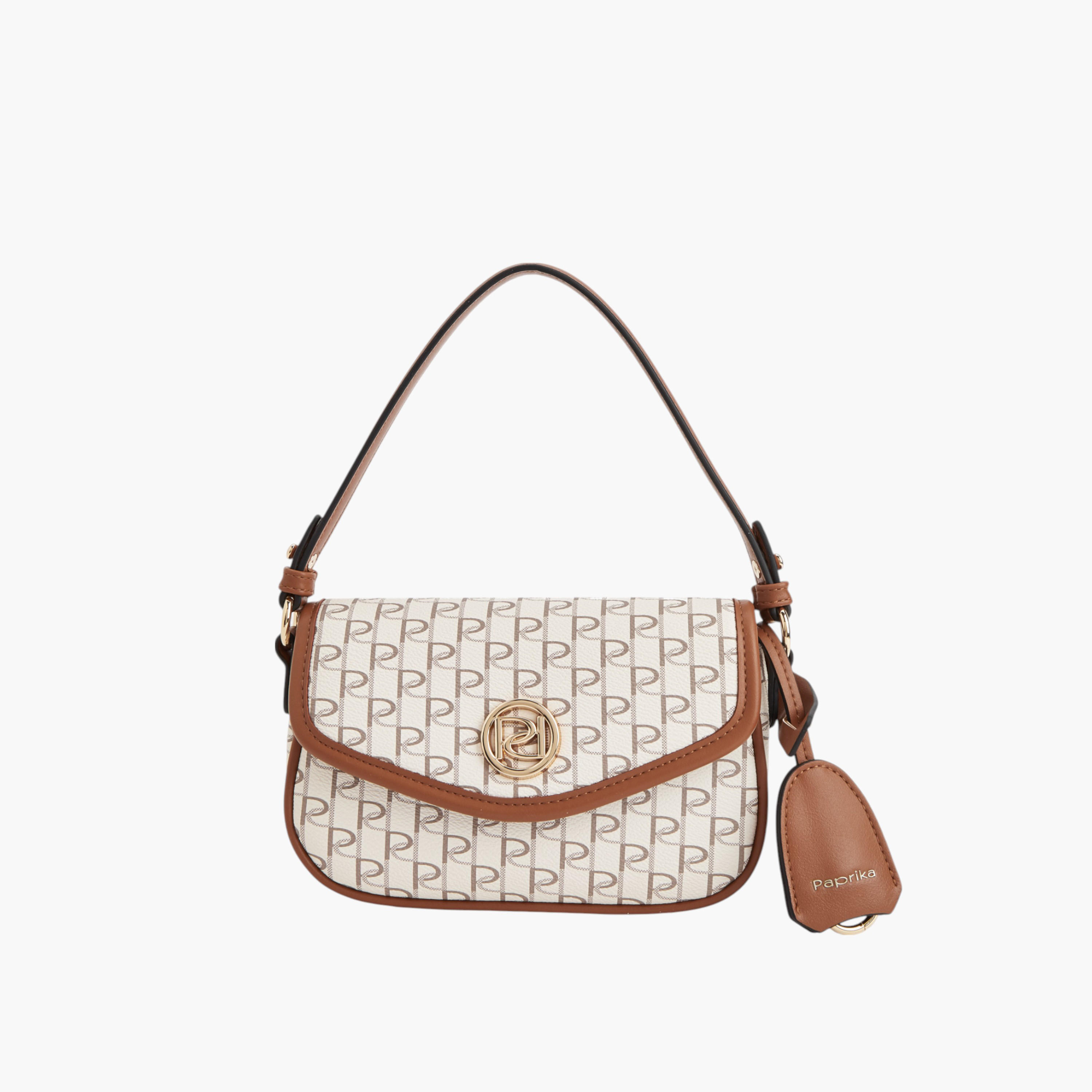 Paprika Monogram Print Crossbody Bag with Button Closure and Adjustable Strap-women-bagsandwallets-handbags-image-1