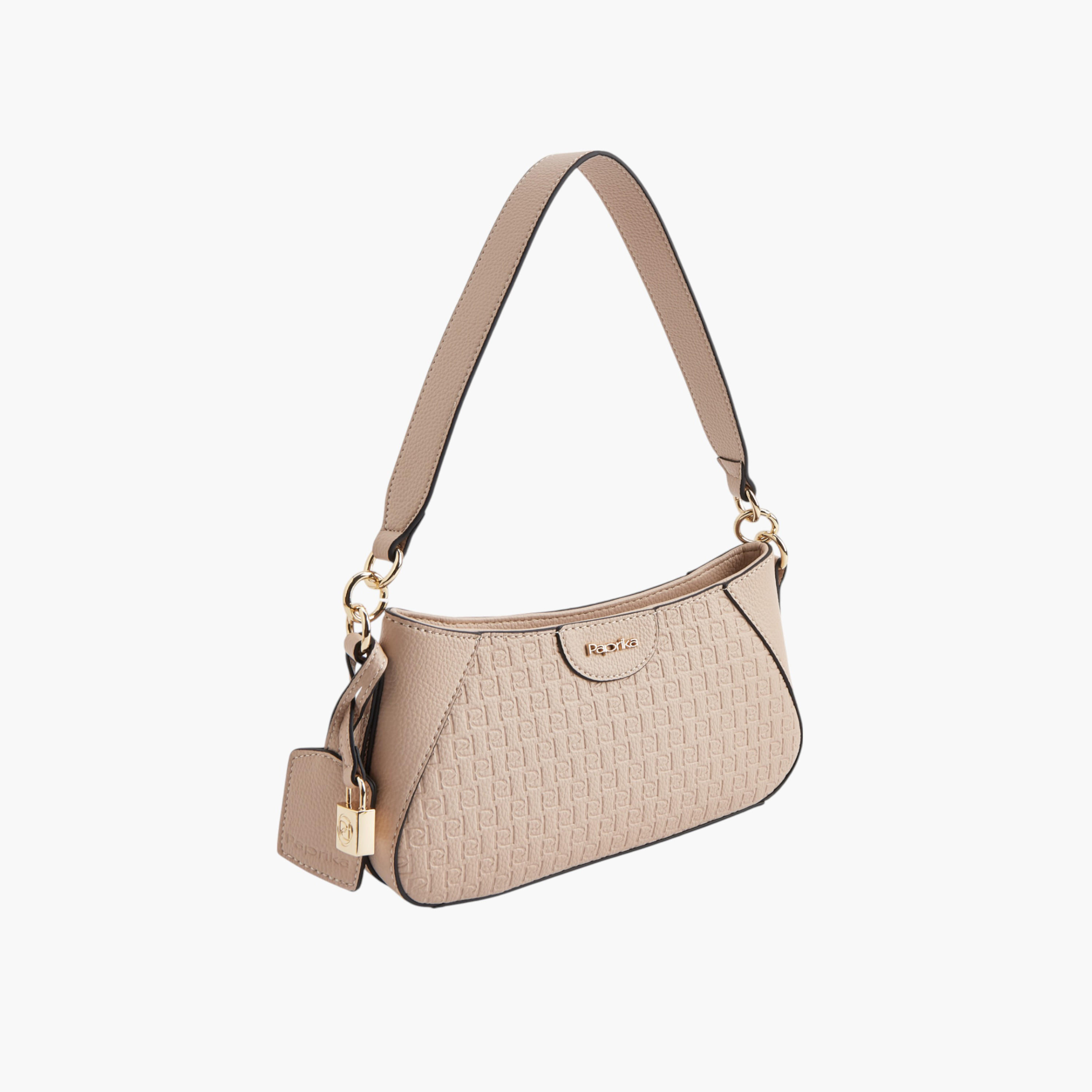 Paprika Monogram Embossed Shoulder Bag with Detachable Strap and Zip Closure-women-bagsandwallets-handbags-image-3