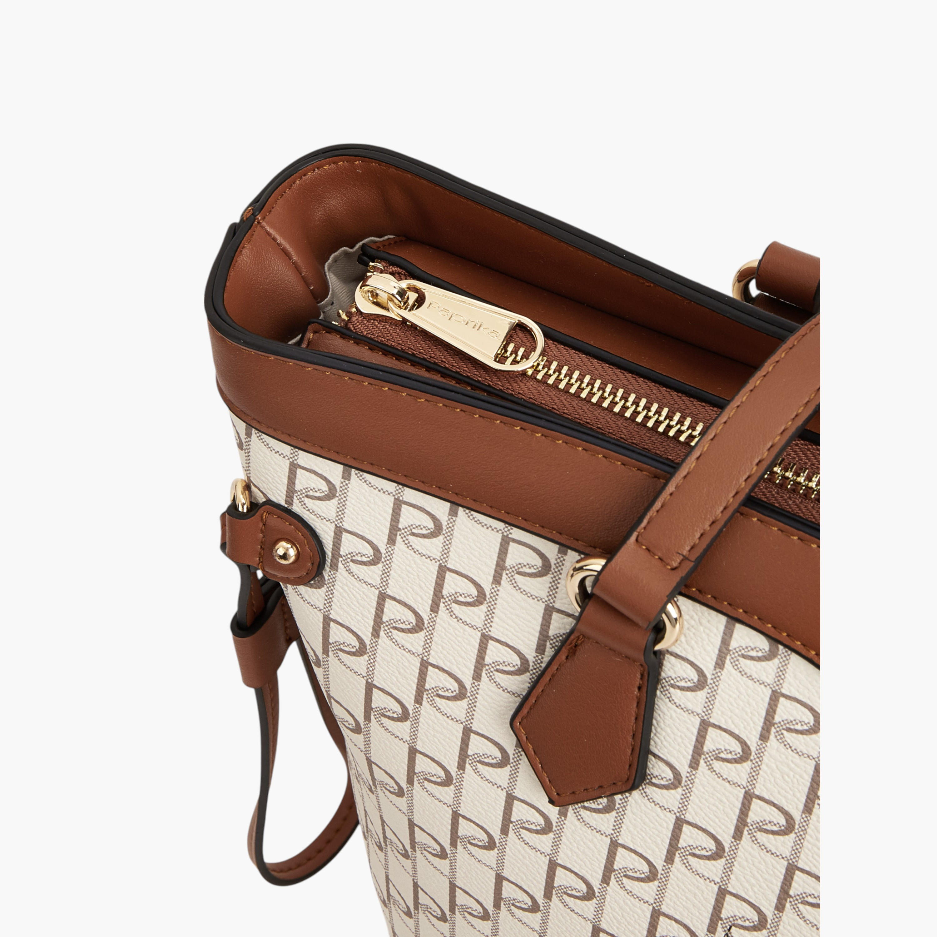 Paprika Monogram Print Tote Bag with Double Handle and Zip Closure-women-bagsandwallets-handbags-image-5