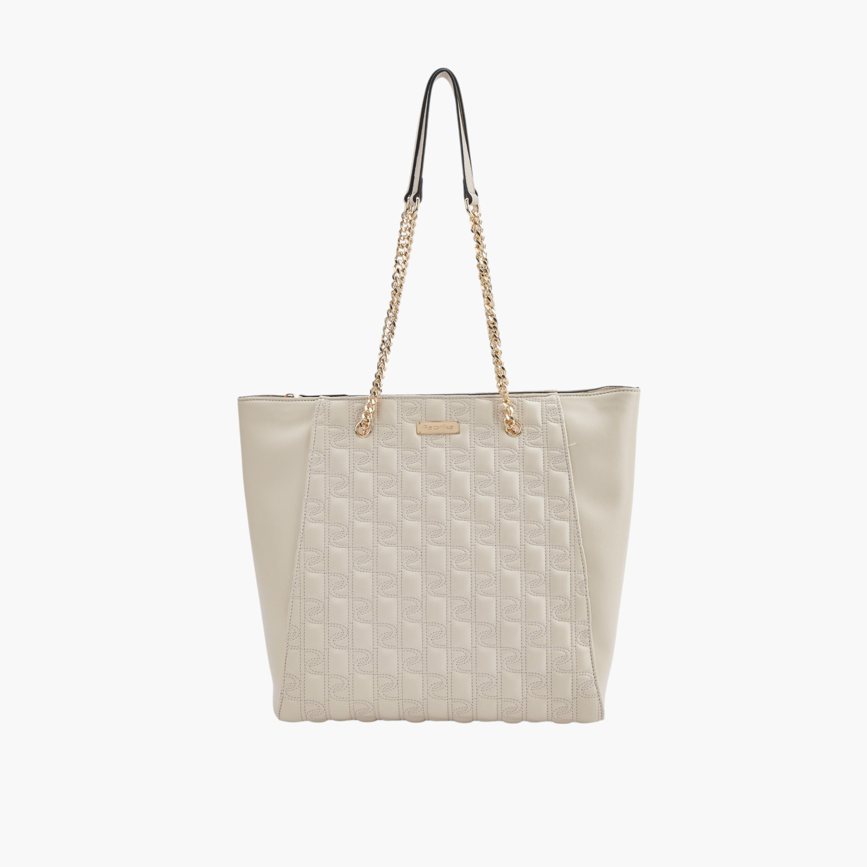 Paprika Stitch Detail Tote Bag with Double Chain Strap and Zip Closure-women-bagsandwallets-handbags-image-1