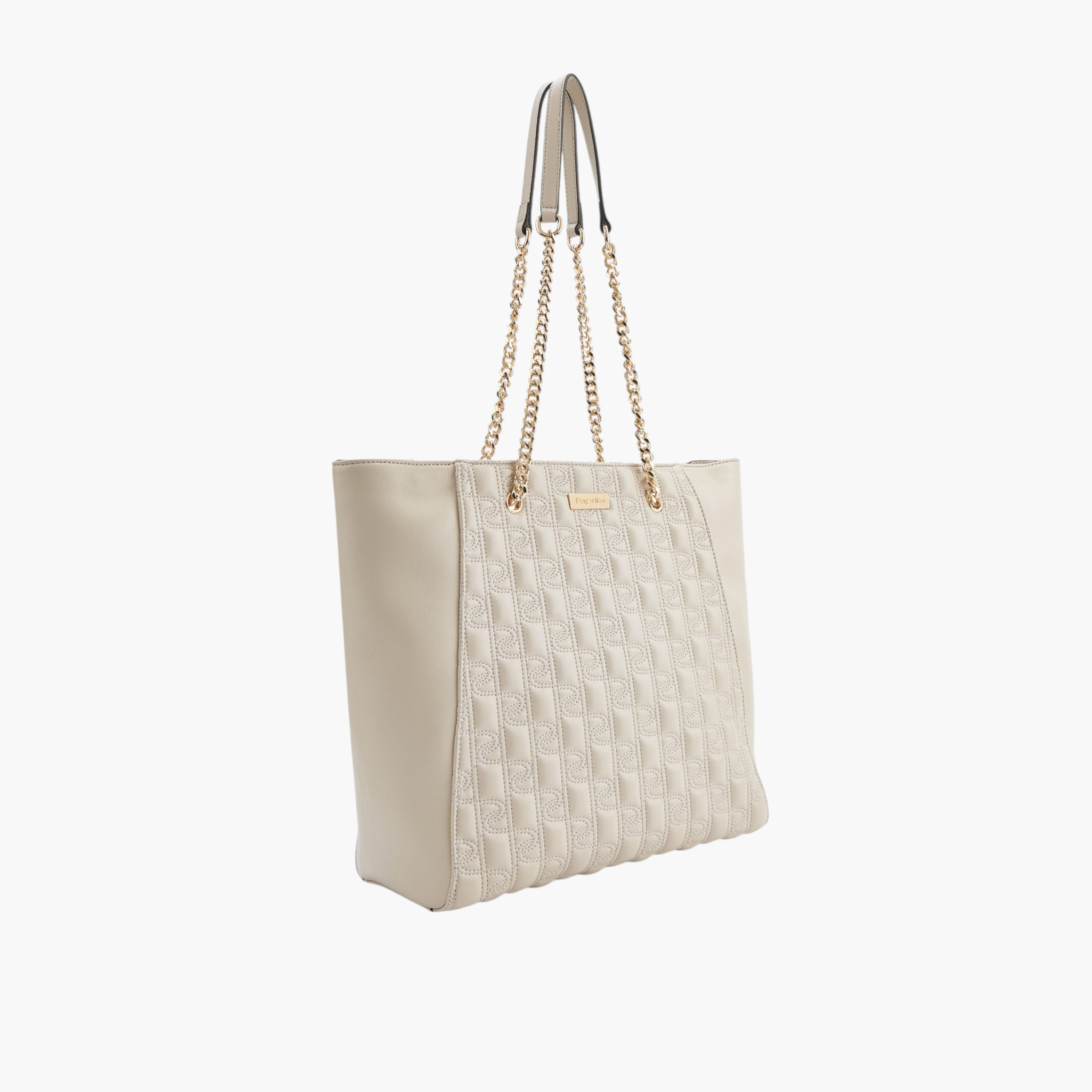 Paprika Stitch Detail Tote Bag with Double Chain Strap and Zip Closure-women-bagsandwallets-handbags-image-3