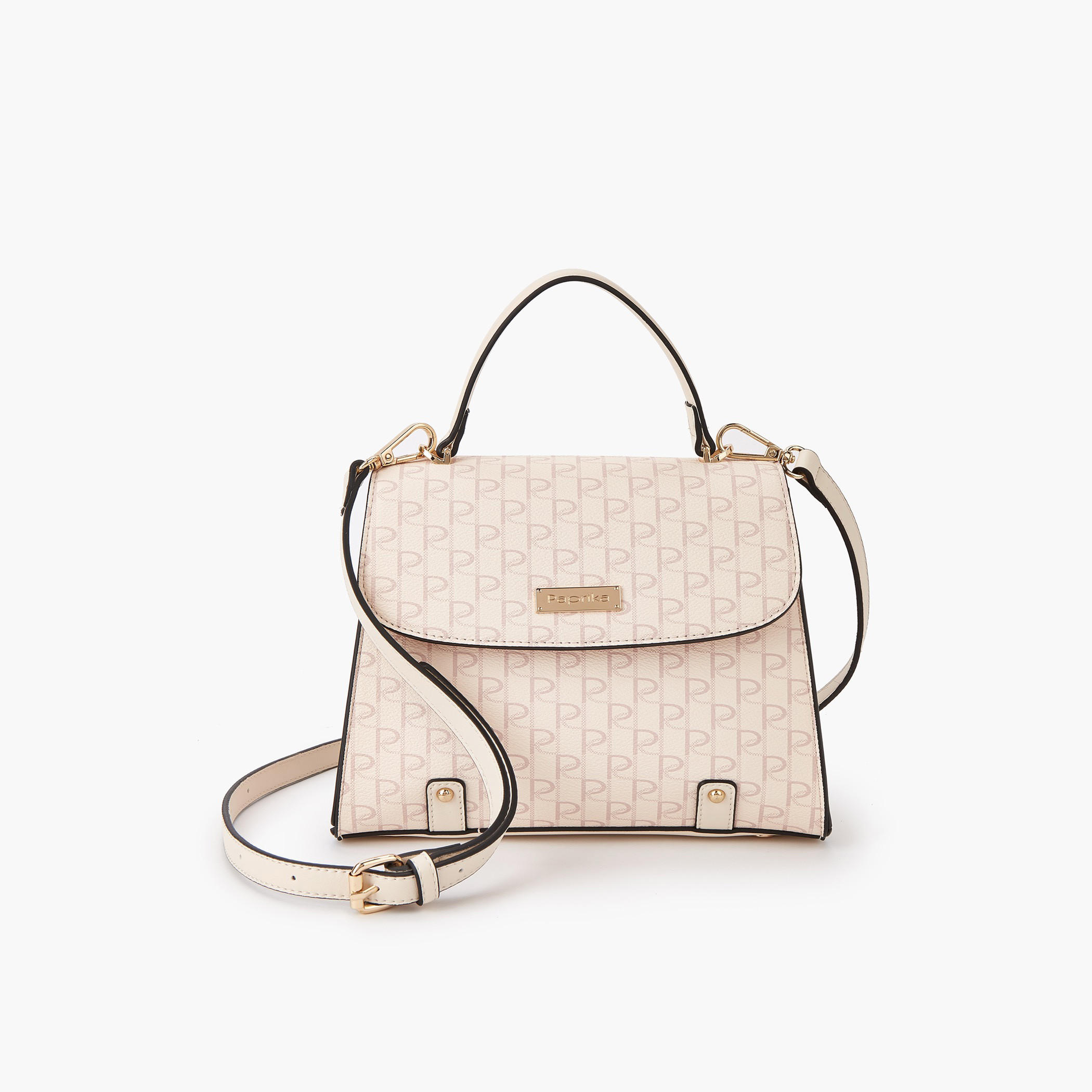 Paprika Monogram Print Satchel Bag with Button Closure-women-bagsandwallets-handbags-image-1