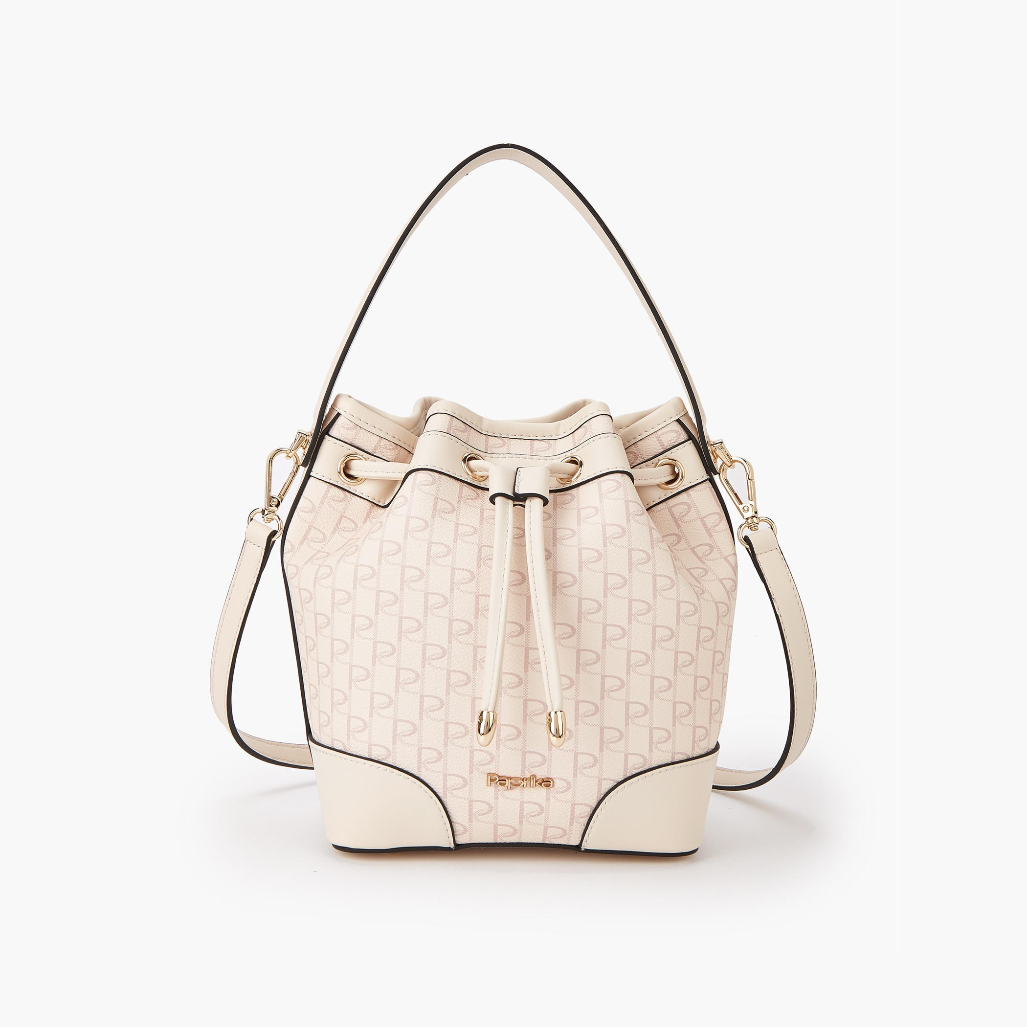 Paprika Monogram Print Bucket Bag with Detachable Strap and Drawstring Closure-women-bagsandwallets-handbags-image-1