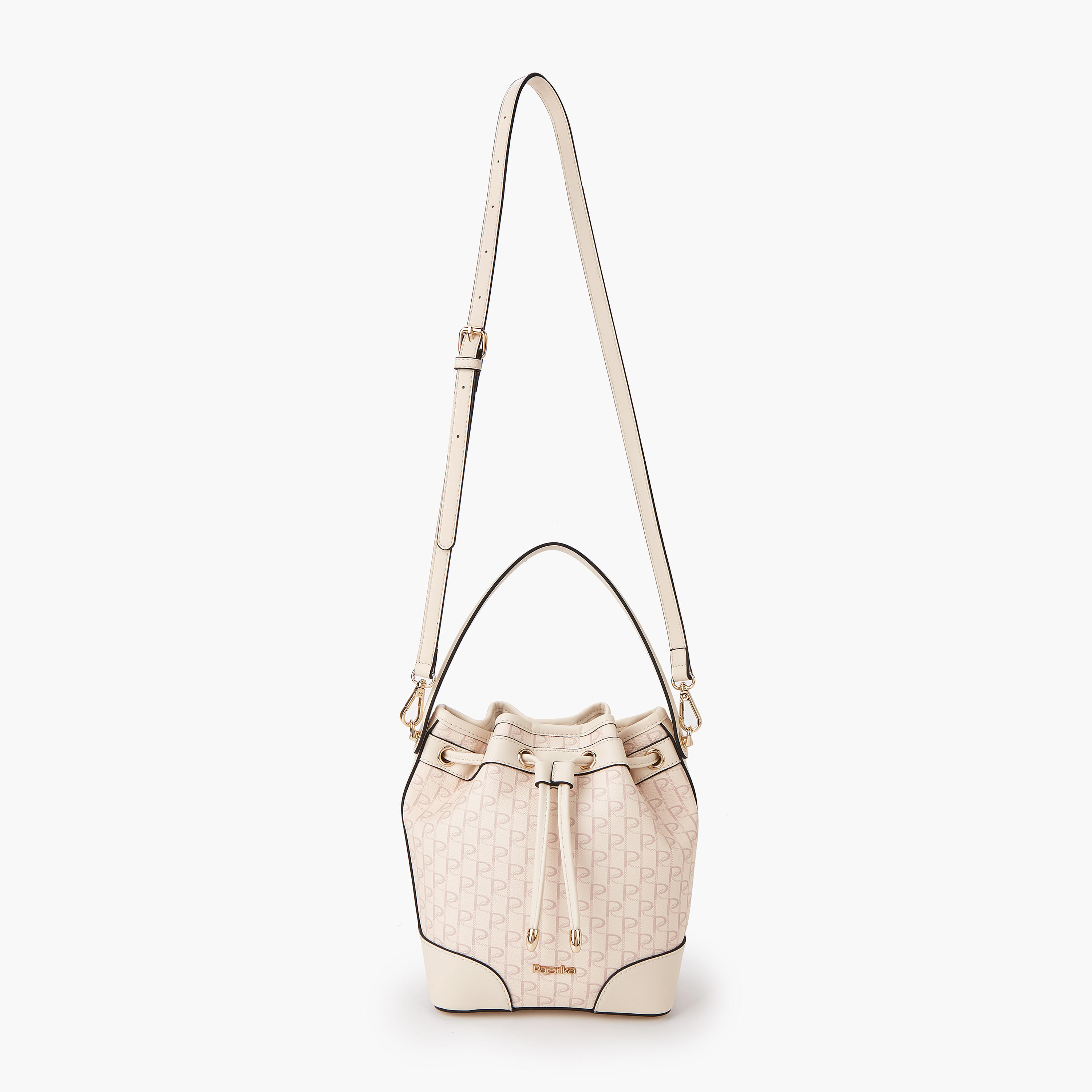Paprika Monogram Print Bucket Bag with Detachable Strap and Drawstring Closure-women-bagsandwallets-handbags-image-5