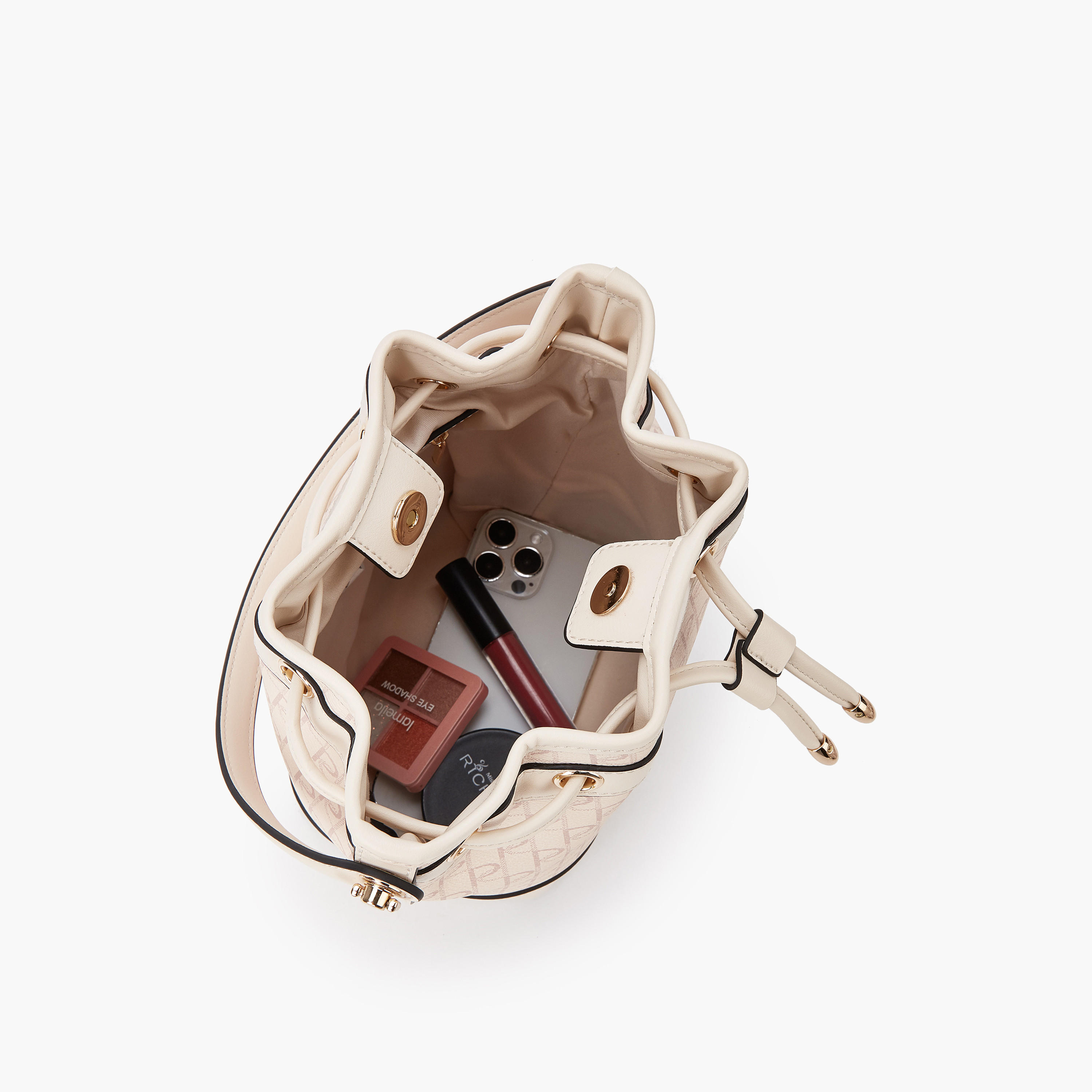 Paprika Monogram Print Bucket Bag with Detachable Strap and Drawstring Closure-women-bagsandwallets-handbags-image-7