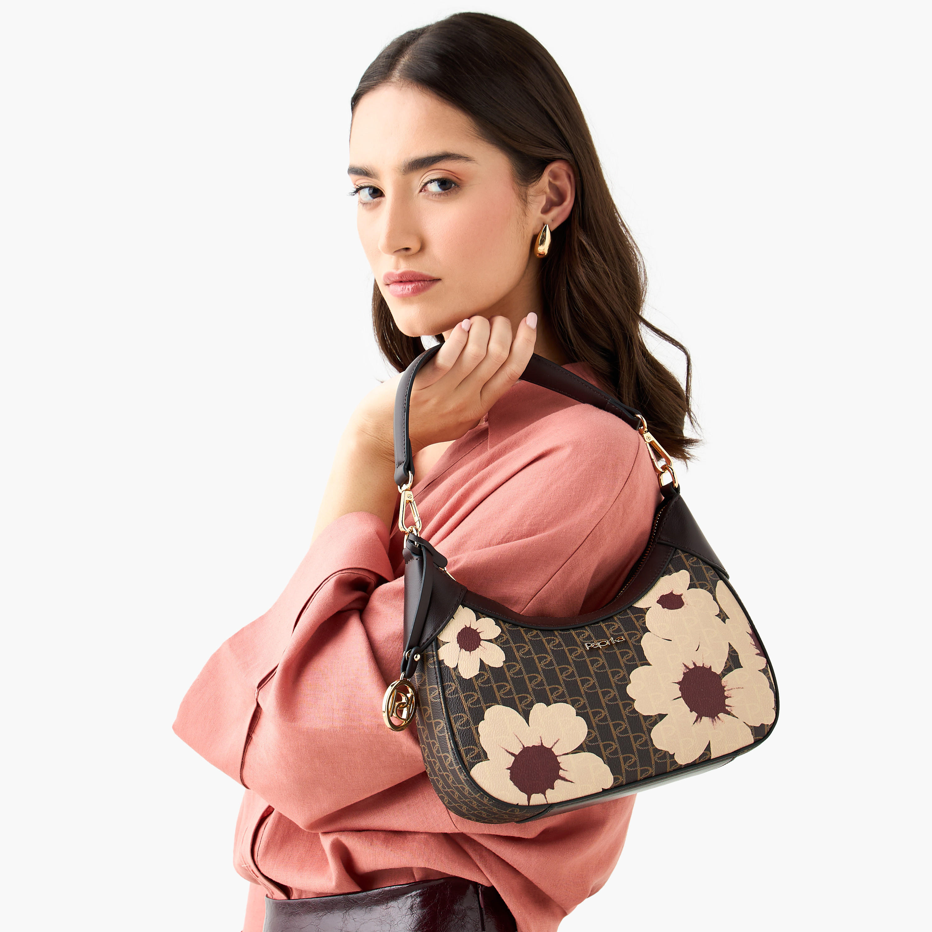 Paprika Monogram Print Shoulder Bag with Zip Closure-women-bagsandwallets-handbags-image-8
