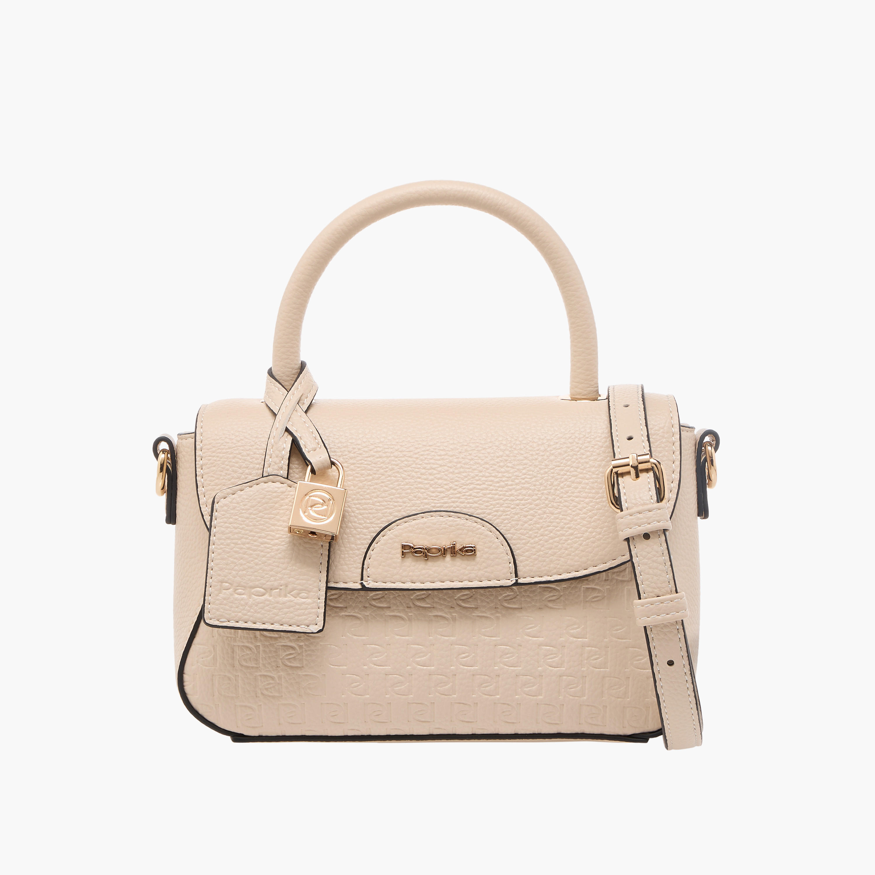 Paprika Monogram Embossed Satchel Bag with Button Closure-women-bagsandwallets-handbags-image-1