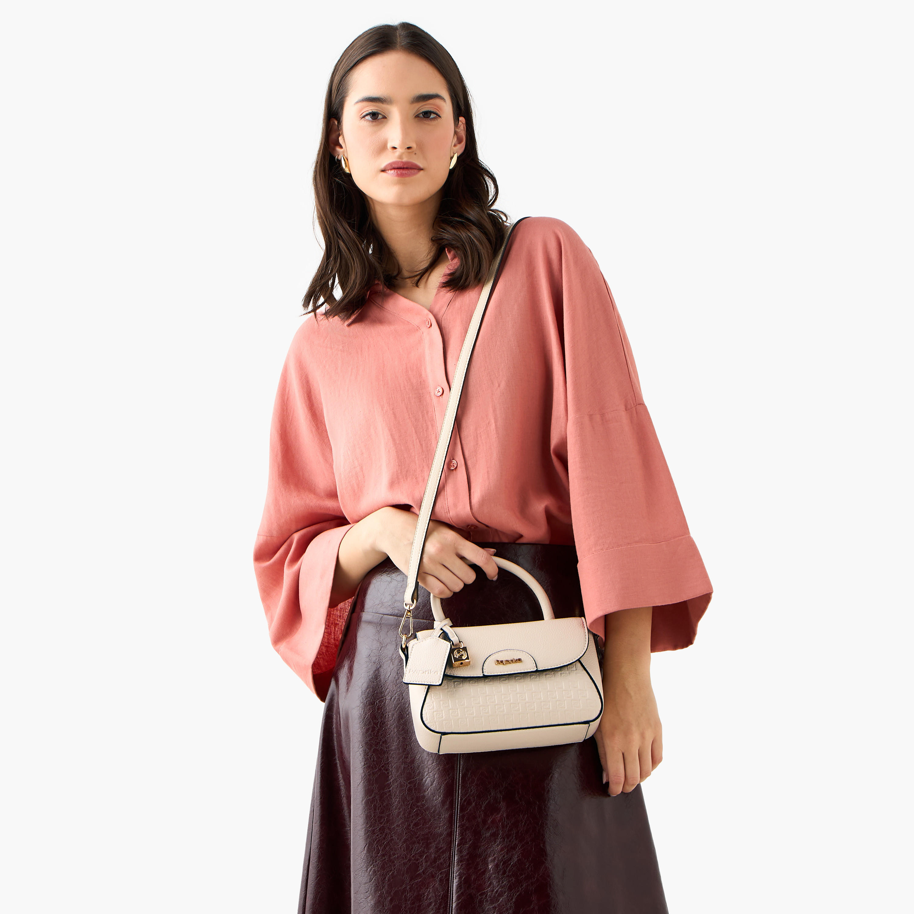 Paprika Monogram Embossed Satchel Bag with Button Closure-women-bagsandwallets-handbags-image-2