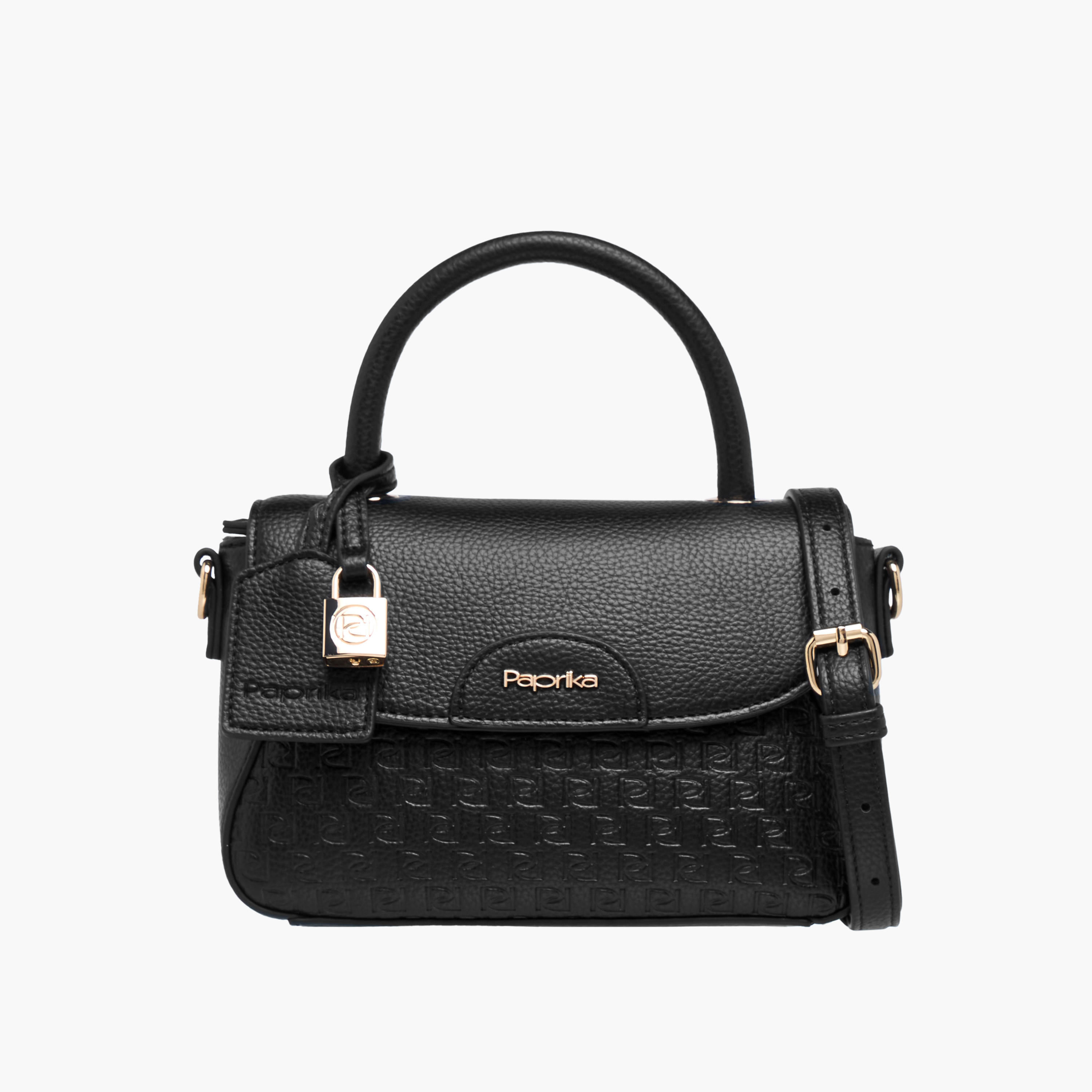 Paprika Monogram Embossed Satchel Bag with Button Closure-women-bagsandwallets-handbags-image-1