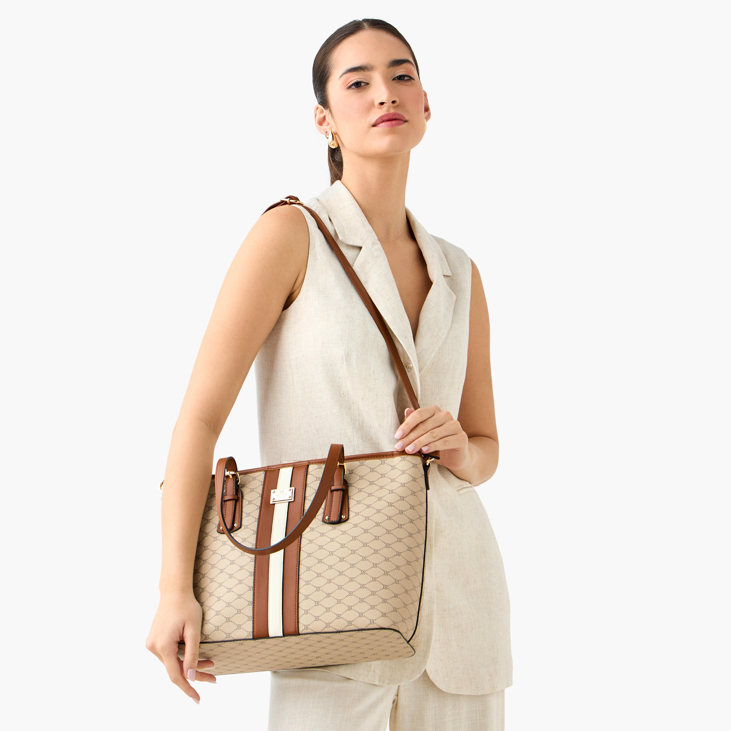 Bessie London Monogram Print Tote Bag with Detachable Pouch-women-bagsandwallets-handbags-image-2