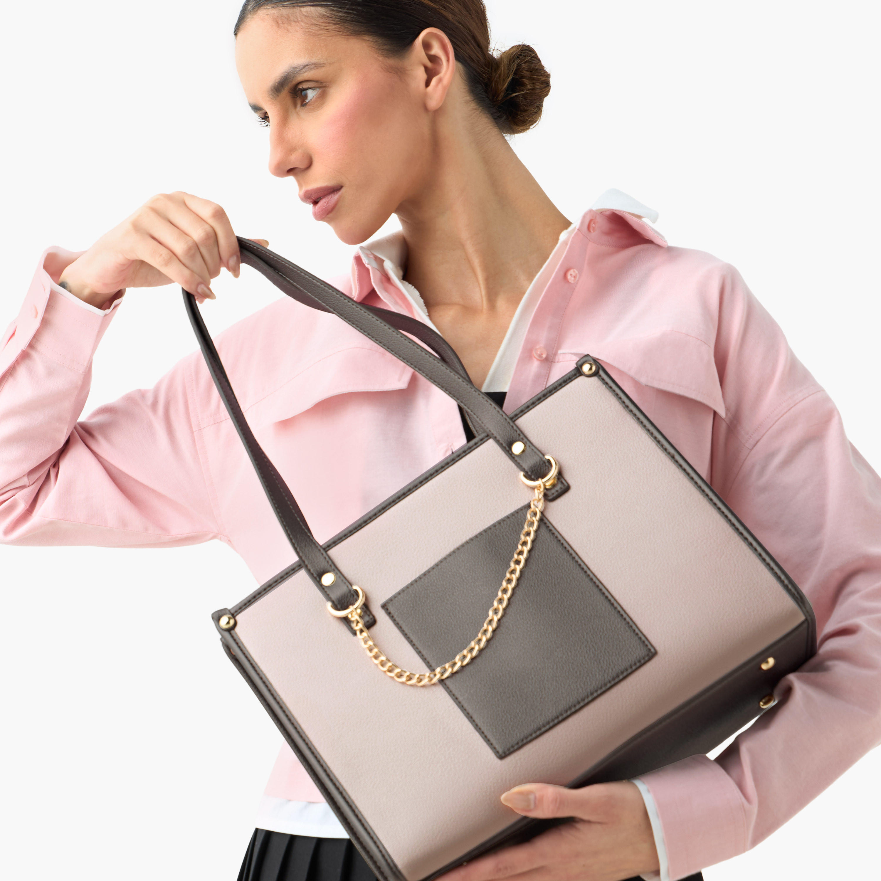 Adore Colourblock Tote Bag with Chain Detailing and Double Handles-women-bagsandwallets-handbags-image-2