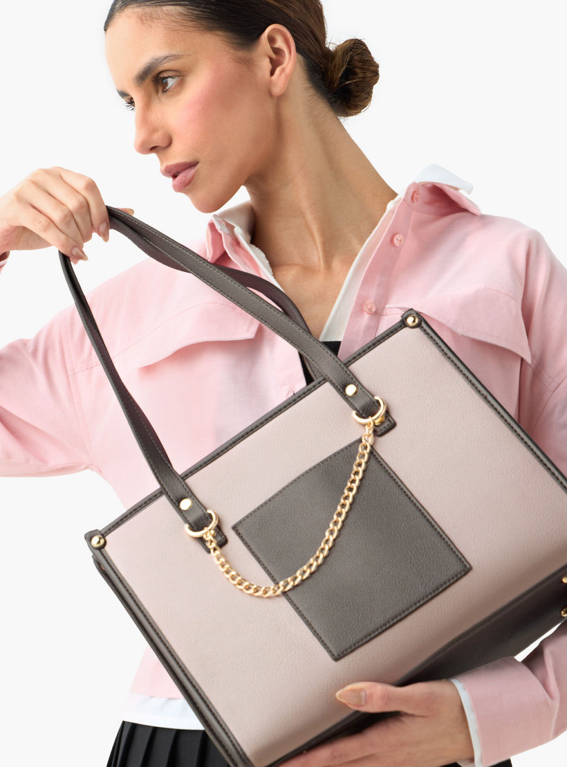Adore Colourblock Tote Bag with Chain Detailing and Double Handles-women-bagsandwallets-handbags-image-2